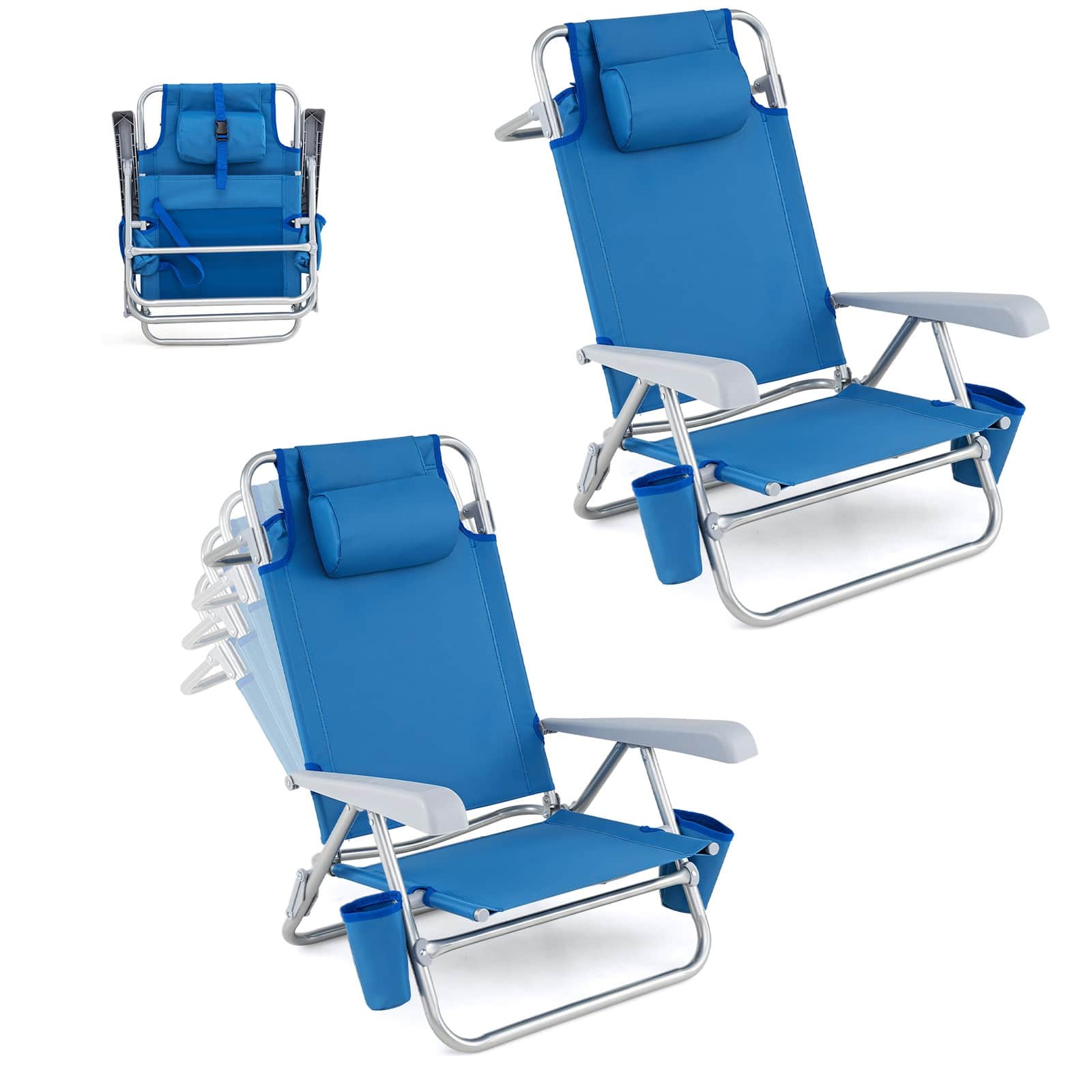 Costway - 2 Pack Beach Chair with 7-Position Backrest Cooler Bag Towel Bar Pillow Cup Holders - Navy Blue