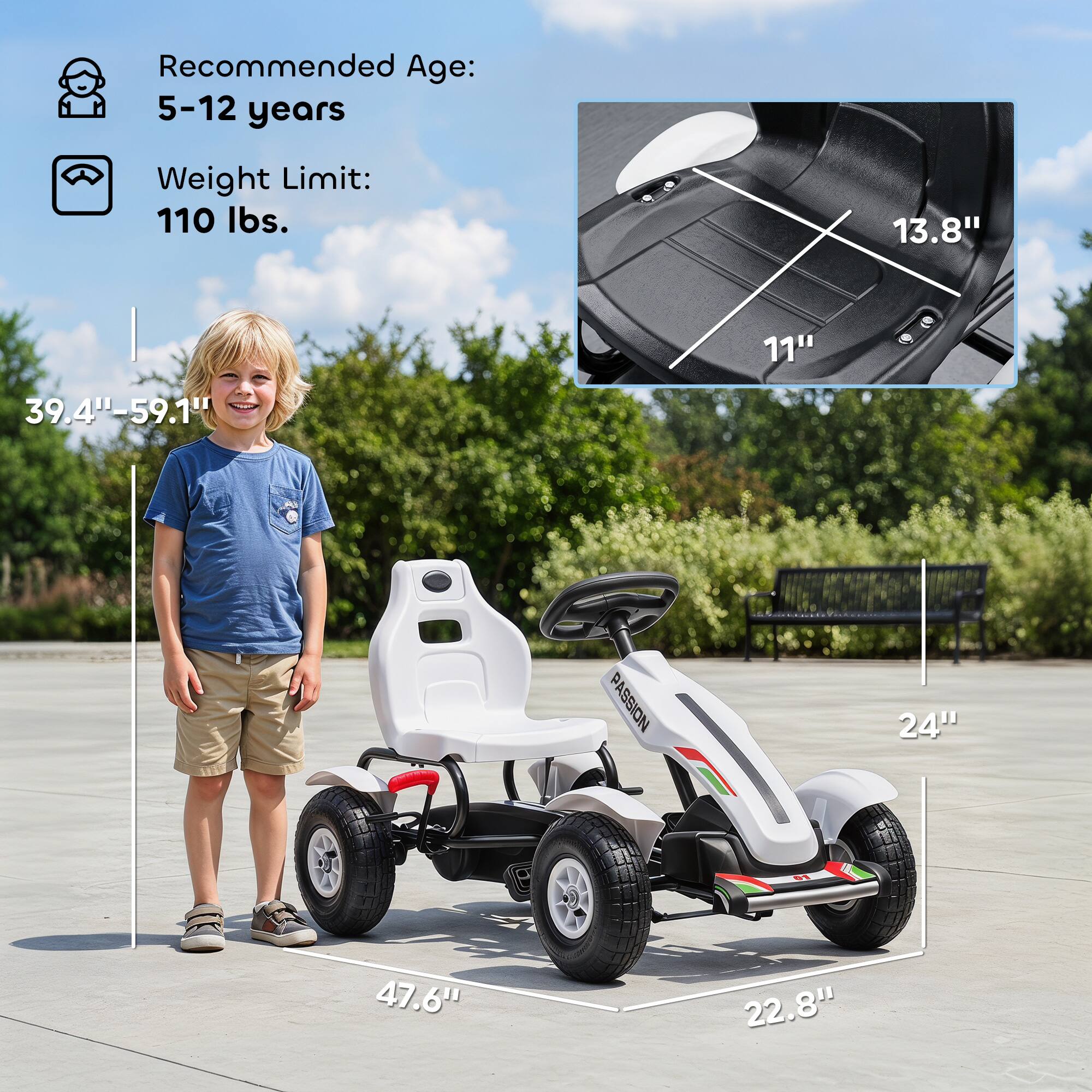 Recommended Age: 5-12 years  
Weight Limit: 110 lbs.  
13.8" x 11"  
39.4"-59.1"  
PASSION  
24" x 47.6" x 22.8"