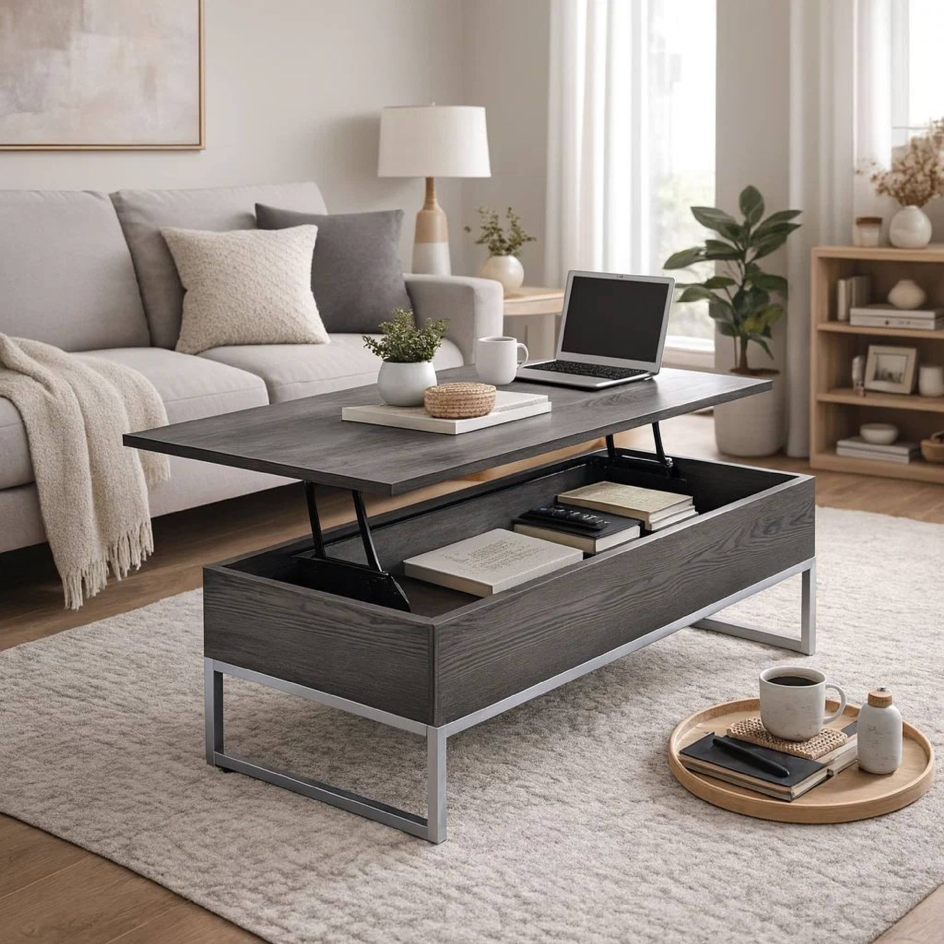 Alt View 7. Manhattan Lane - Wooden Coffee Table with Two Lift Tops and Metal Sled Leg Support - Gray and Silver.