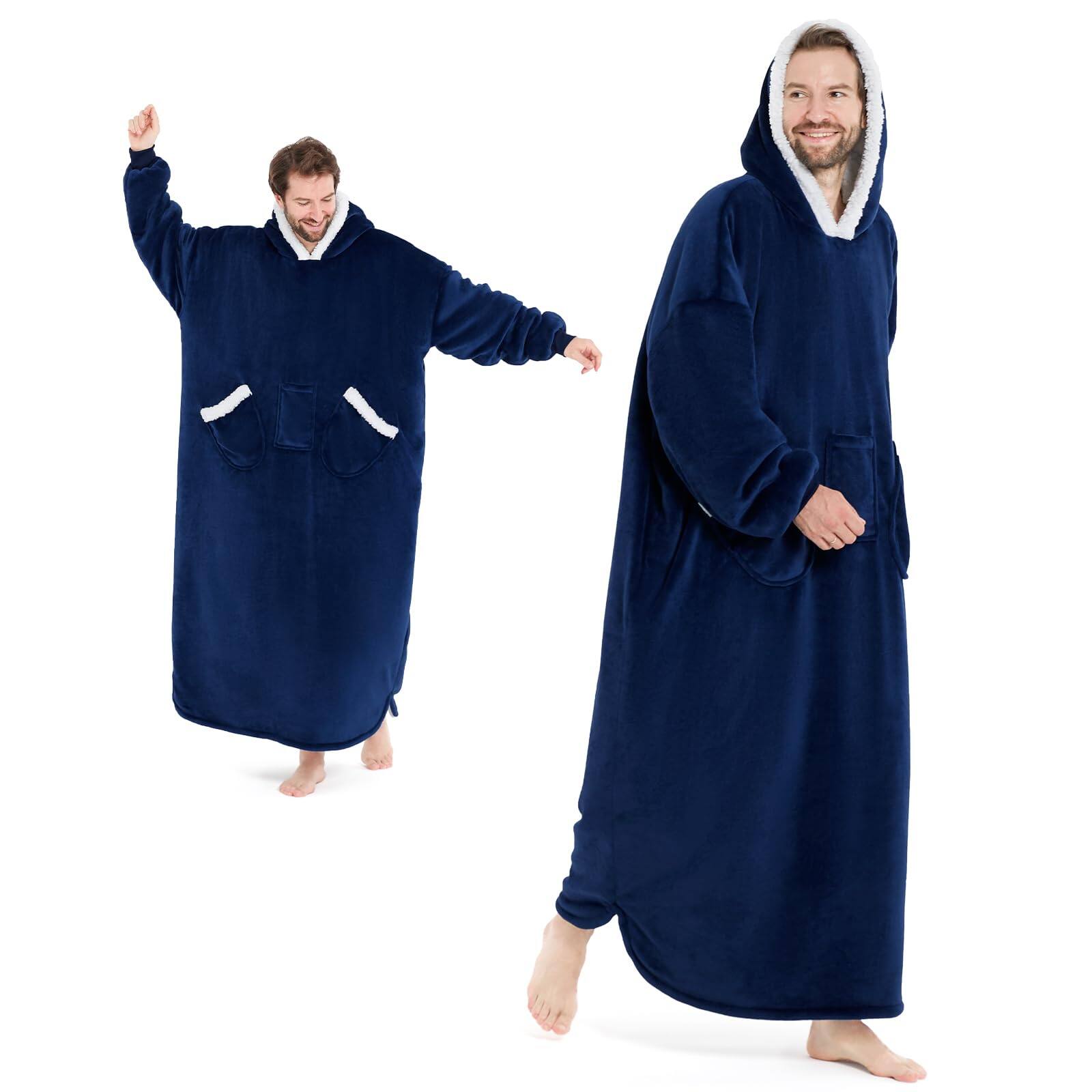 NICHOLAS KLEIN - Oversized Wearable Blanket Hoodie For Adults: Sherpa Fleece Blankets With Giant Hood Pocket Women Men Cozy - Navy Blue(extend) Extend Oversize(Long-61inch)