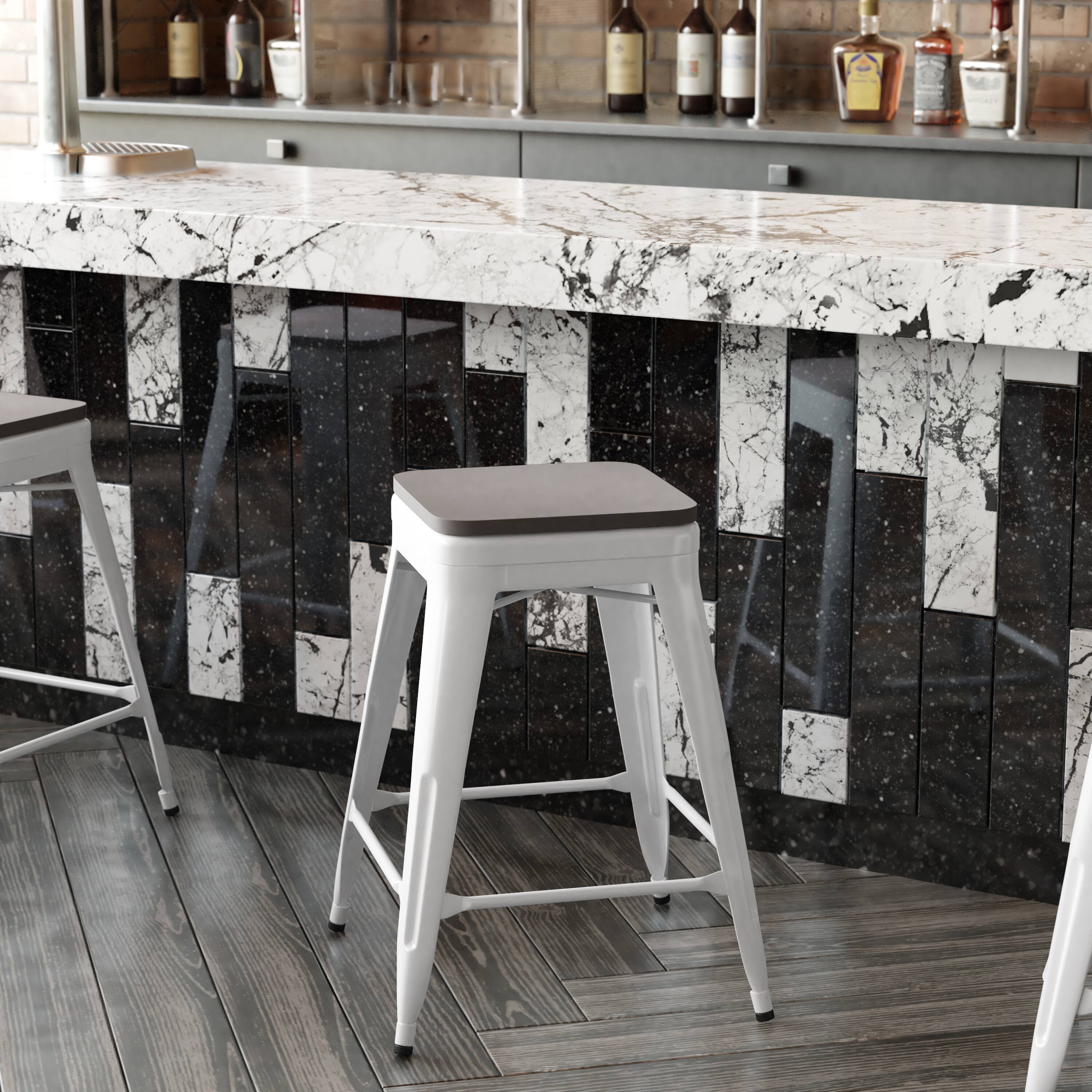 Alt View 4. Emma + Oliver - Kam Backless Metal Indoor-Outdoor Stool with All-Weather Polystyrene Seat - Gray Seat/White Frame.