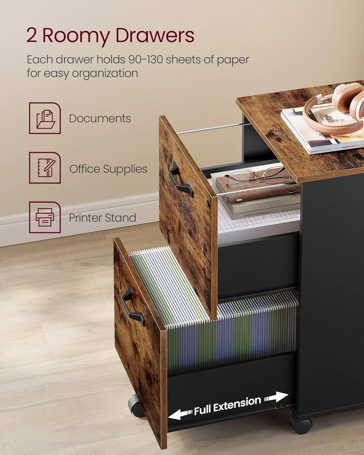2 Roomy Drawers Each drawer holds 90-130 sheets of paper for easy organization Documents Office Supplies Printer Stand Full Extension