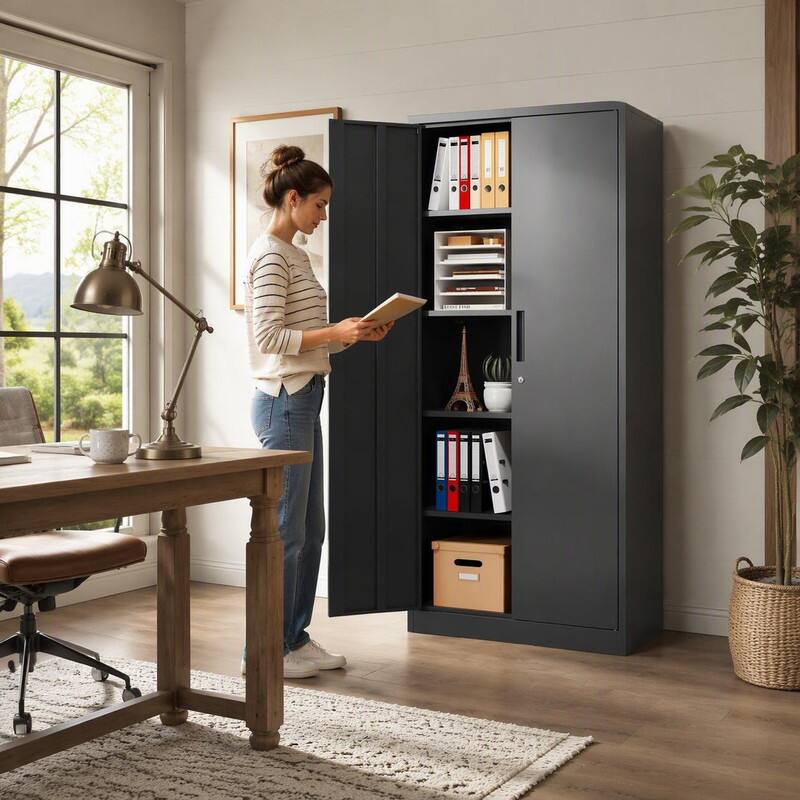 Back. RYHNUYNE - 72 Inch Tall Metal Garage Storage Cabinet Black Tool Steel Locking Cabinet with Doors and 4 Shelves for Home Office - Black.
