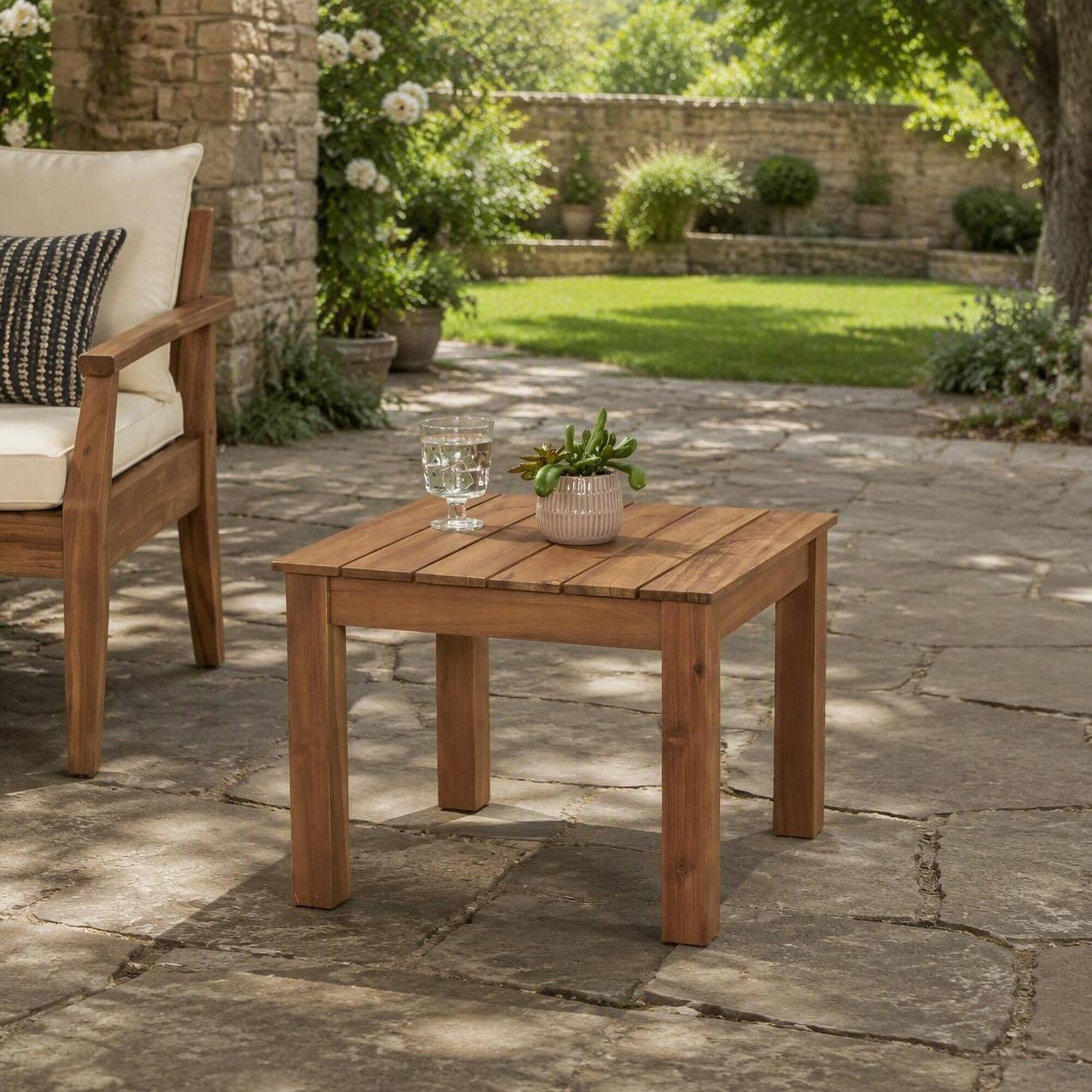 Angle. RYHNUYNE - Solid Wood Outdoor Side Table, Brown Slatted Patio End Table for Garden Backyard Porch Balcony - Brown.