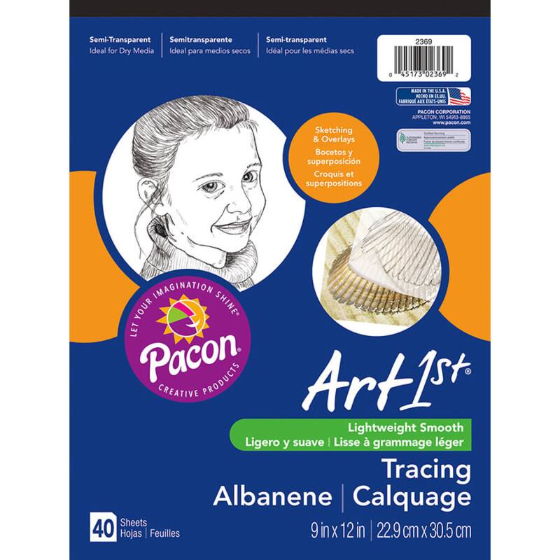 Semi-Transparent  
Semitransparente  
Semi-transparent  
Ideal for Dry Media  
Ideal para medios secos  
Idéal pour les médias secs  

2369  
0 45173 02369 2  

MADE IN THE U.S.A.  
PACON CORPORATION  
APPLETON, WI 54912-8965  
www.pacon.com  

Sketching & Overlays  
Bocetos y superposiciones  
Croquis et superpositions  

PACON  
CREATIVE PRODUCTS  
LET YOUR IMAGINATION SHINE  

Art1st  
Lightweight Smooth  
Ligero y suave | Lisse à grammage léger  

Albanene | Calquage  
40 Sheets  
Hojas | Feuilles  

9 in x 12 in | 22.9 cm x 30.5 cm