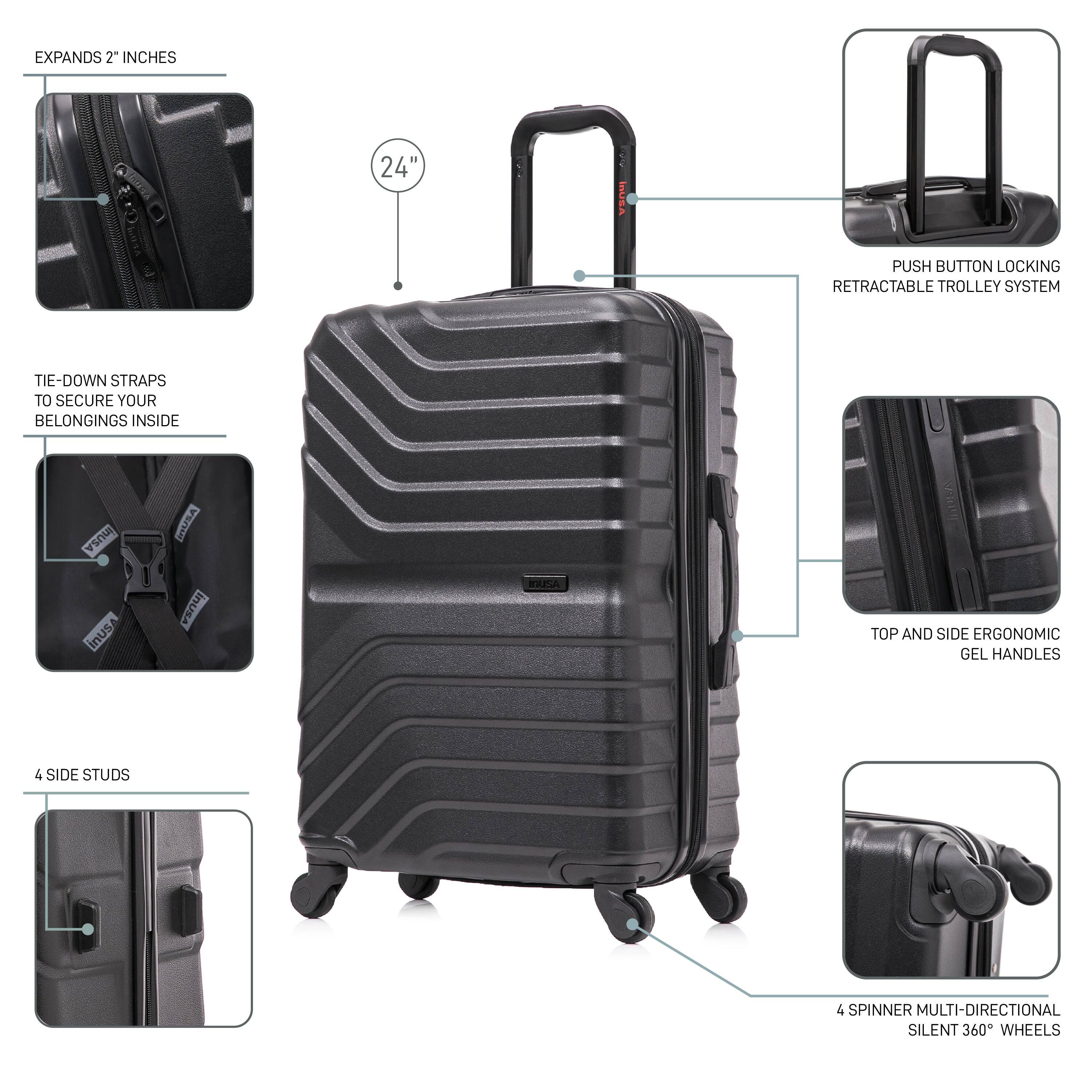 - EXPANDS 2" INCHES
- 24"
- TIE-DOWN STRAPS TO SECURE YOUR BELONGINGS INSIDE
- 4 SIDE STUDS
- PUSH BUTTON LOCKING RETRACTABLE TROLLEY SYSTEM
- TOP AND SIDE ERGONOMIC GEL HANDLES
- 4 SPINNER MULTI-DIRECTIONAL SILENT 360° WHEELS