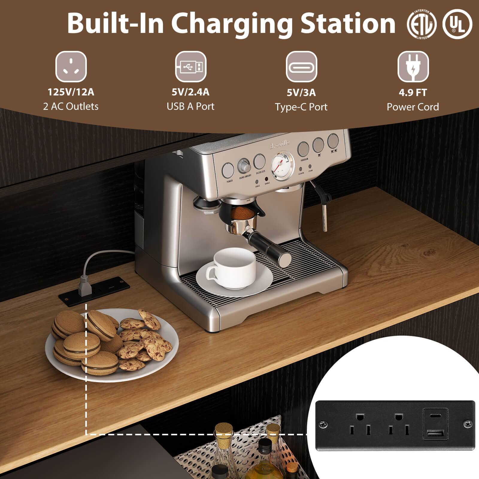 Built-In Charging Station

- 125V/12A
- 2 AC Outlets
- 5V/2.4A USB A Port
- 5V/3A Type-C Port
- 4.9 FT Power Cord

Certifications:
- ETL
- UL