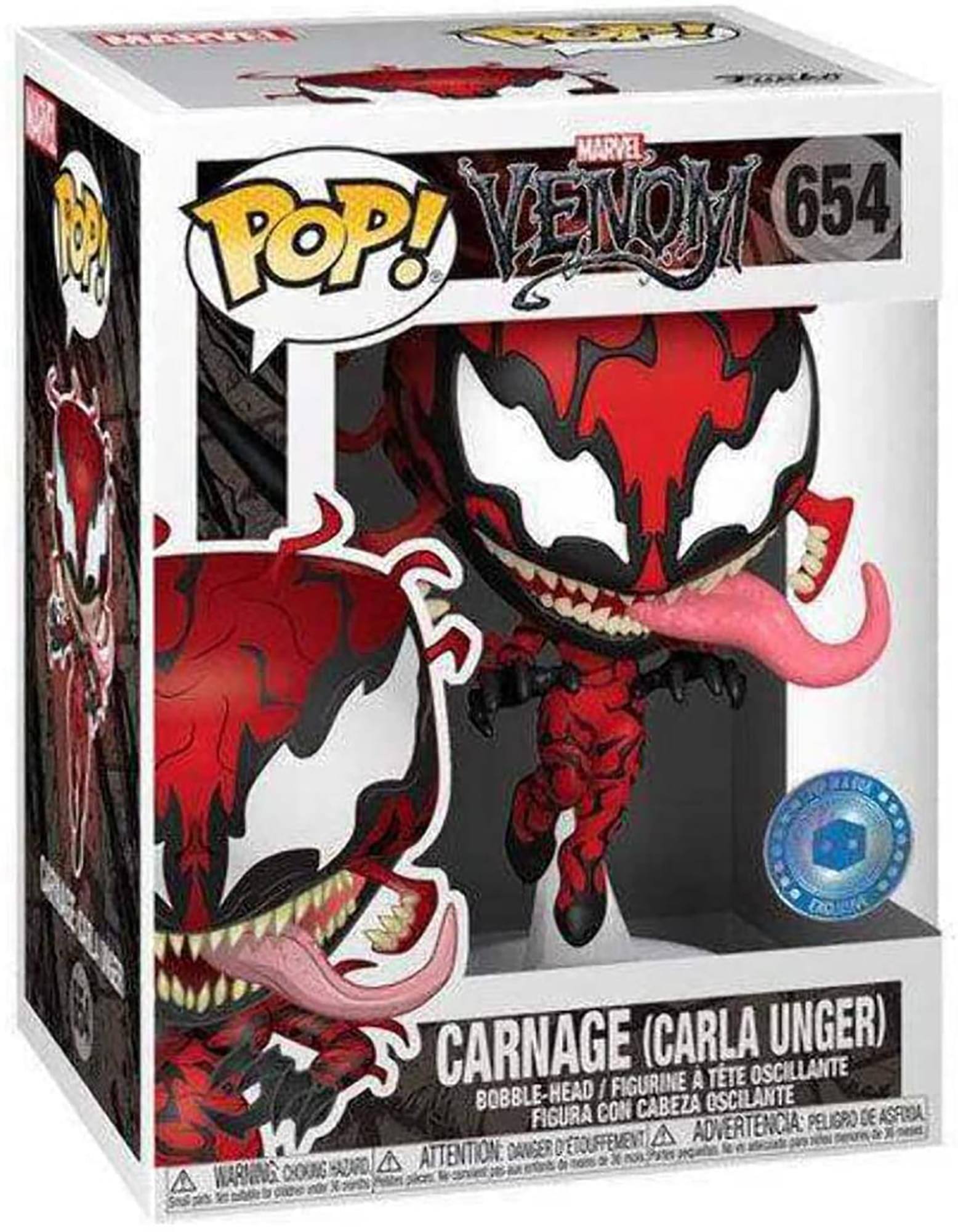 **MARVEL POP! VENOM 654**

**CARNAGE (CARLA UNGER)**

- BOBBLE-HEAD / FIGURINE A TETE OSCILLANTE / FIGURA CON CABEZA OSCILLANTE
- PELIGRO DE ASFIXIA / RISQUE D'ETOUFFEMENT / ADVERTENCIA: PELIGRO DE ASFIXIA

**WARNING: CHOKING HAZARD - ATTENTION: DANGER DE DETOUFFEMENT - ADVERTENCIA: PELIGRO DE ASFIXIA**