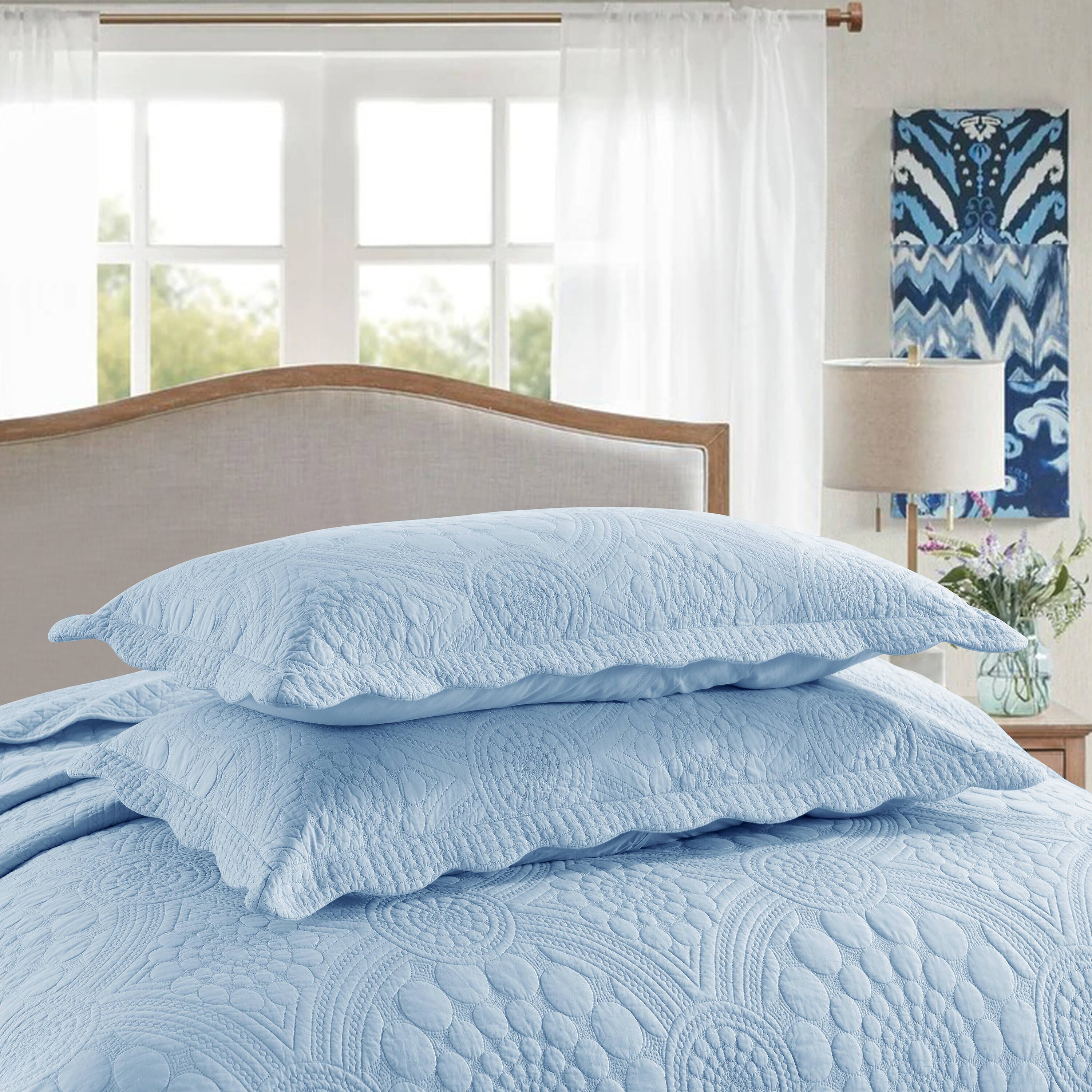 Back. MarCielo - Marcielo 3 Piece 100% Cotton Oversized Bedspread Lightweight Quilt Set - Light Blue.
