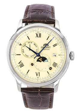 Orient - Bambino Version 9 Sun And Moon Phase Champagne Dial Automatic RA-AK0803Y10B Men's Watch Leather Strap 30M - Brown and Silver