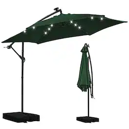 Ainfox - 10FT Outdoor Patio Cantilever Umbrella Hanging Offset with Cross Base Sand Bags & 24 LED Solar Lights - Green