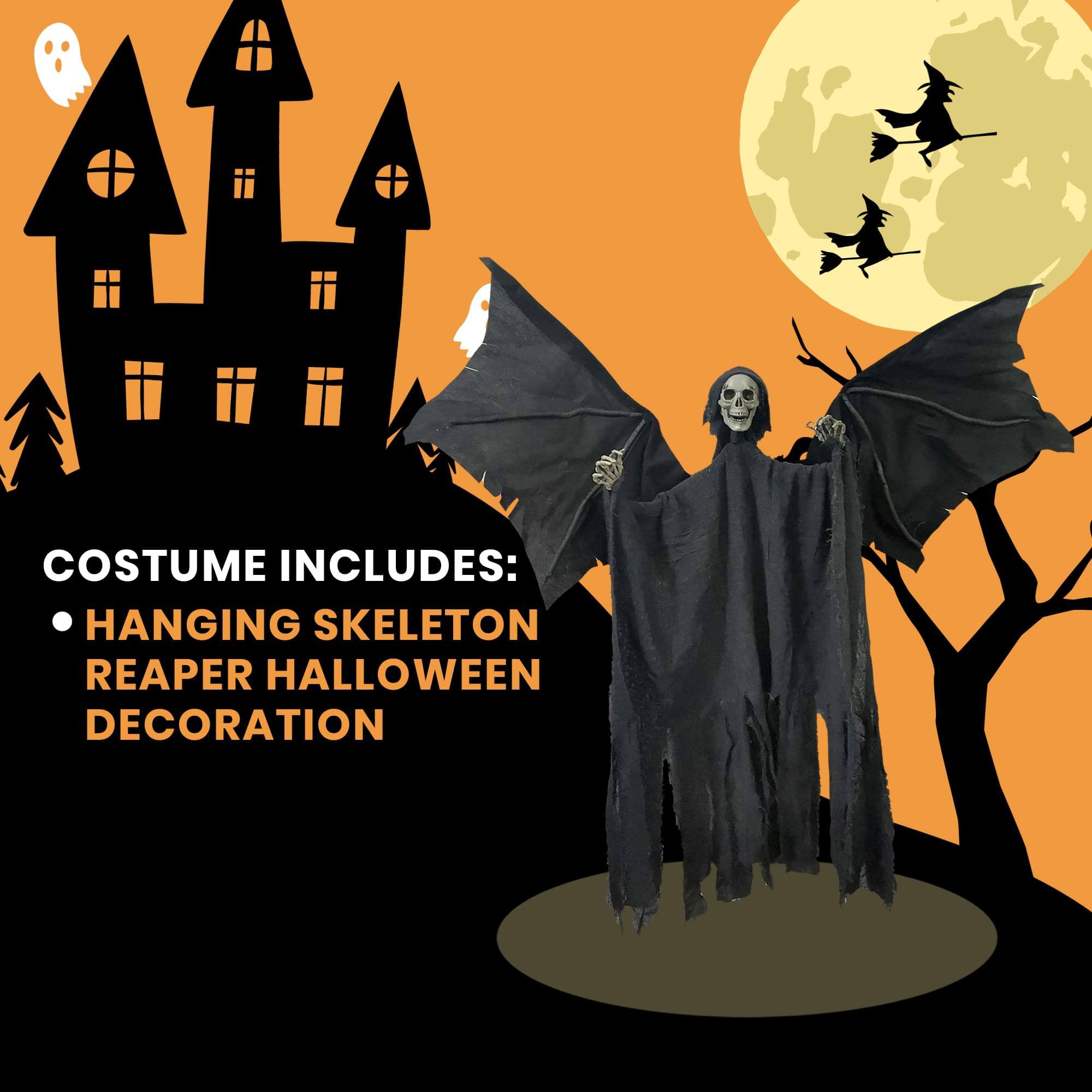 COSTUME INCLUDES:  
- HANGING SKELETON REAPER HALLOWEEN DECORATION