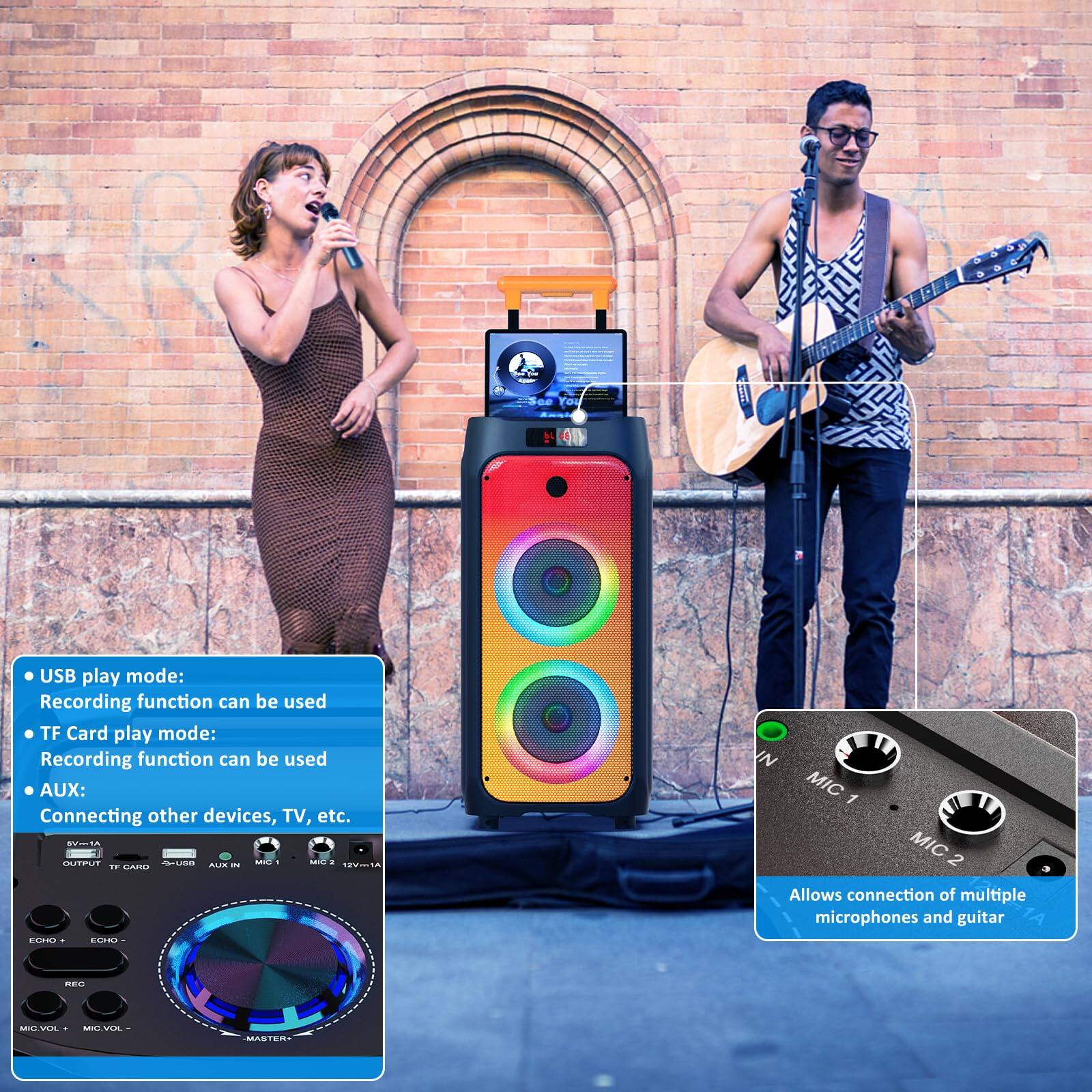 - USB play mode: Recording function can be used
- TF Card play mode: Recording function can be used
- AUX: Connecting other devices, TV, etc.
- Allows connection of multiple microphones and guitar

Controls:
- ECHO + / ECHO -
- REG
- MIC VOL + / MIC VOL -
- MID-VOL
- MASTER