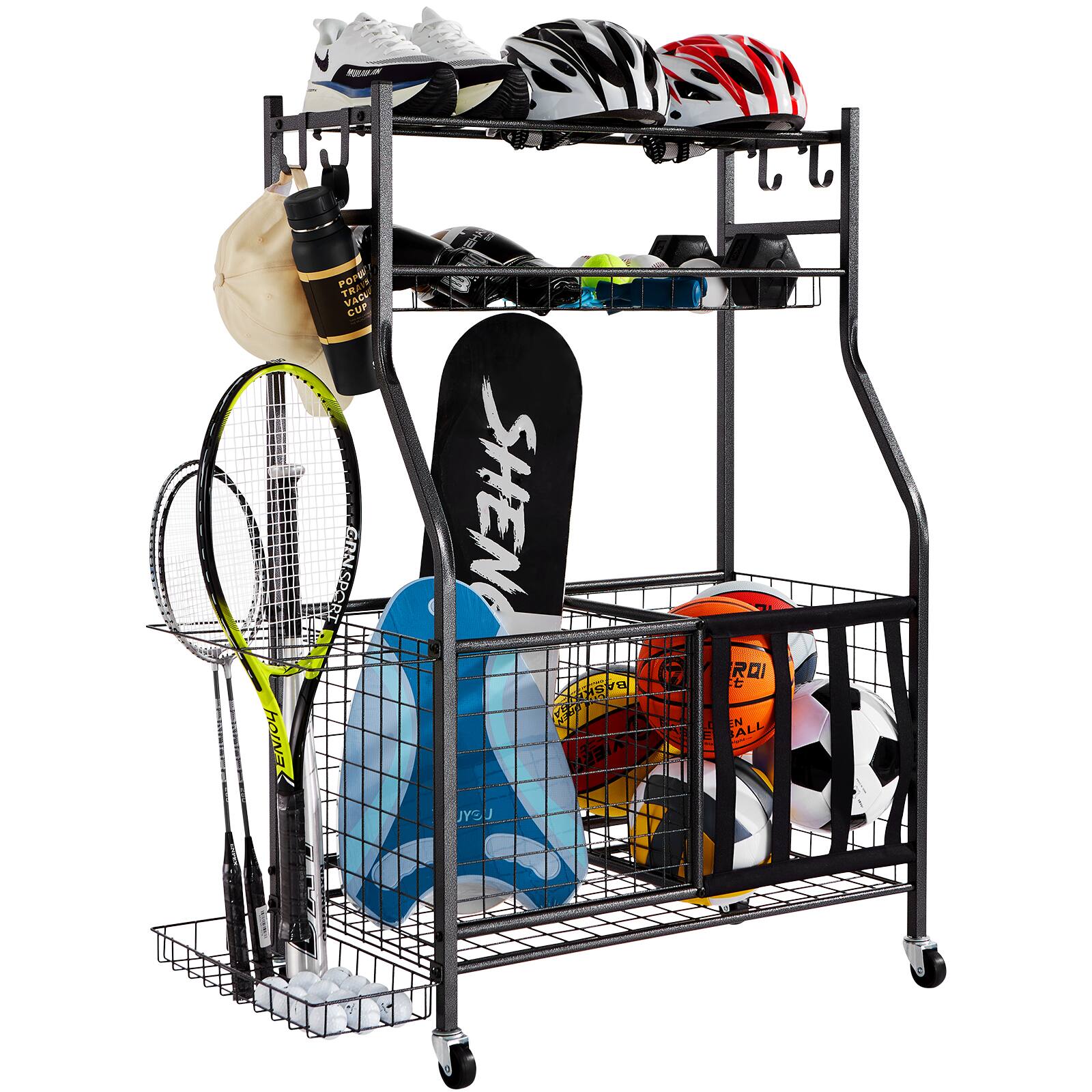 VEVOR - Sports Equipment Garage Organizer, Rolling Ball Storage Cart on Wheels, Basketball Rack with Baskets & Hooks - Black