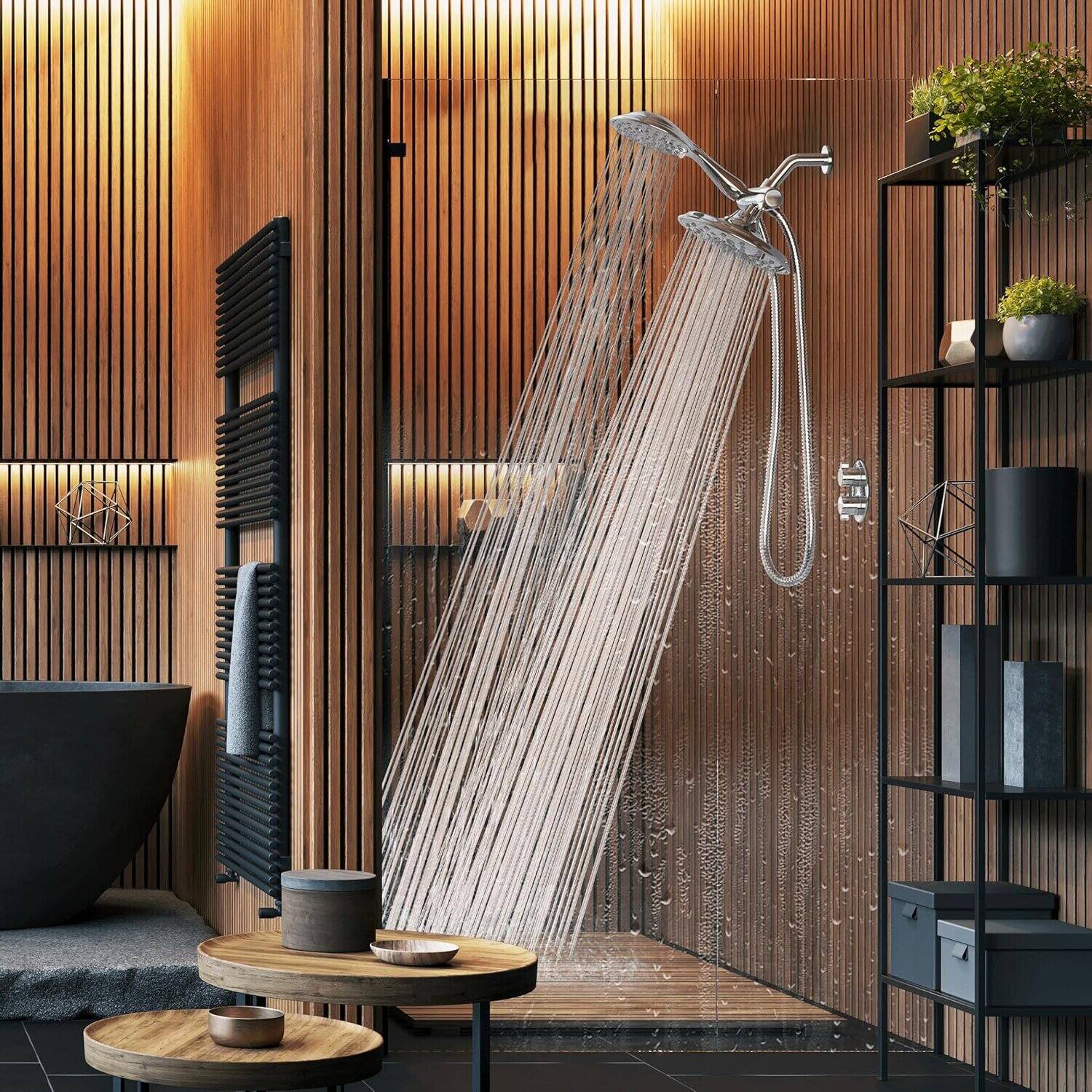 Left. Dazzed Corner - Dual Shower Head - 8'' High Pressure, 55 Modes, Rainfall & Handheld Combo - Chrome.
