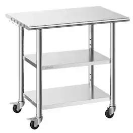 VEVOR - Stainless Steel Work Table, 24x36 Inch Food Prep Table with 2 Shelves and Wheels, Commercial Kitchen Workstation - Silver