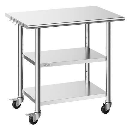 Front. VEVOR - Stainless Steel Work Table, 24x36 Inch Food Prep Table with 2 Shelves and Wheels, Commercial Kitchen Workstation - Silver.
