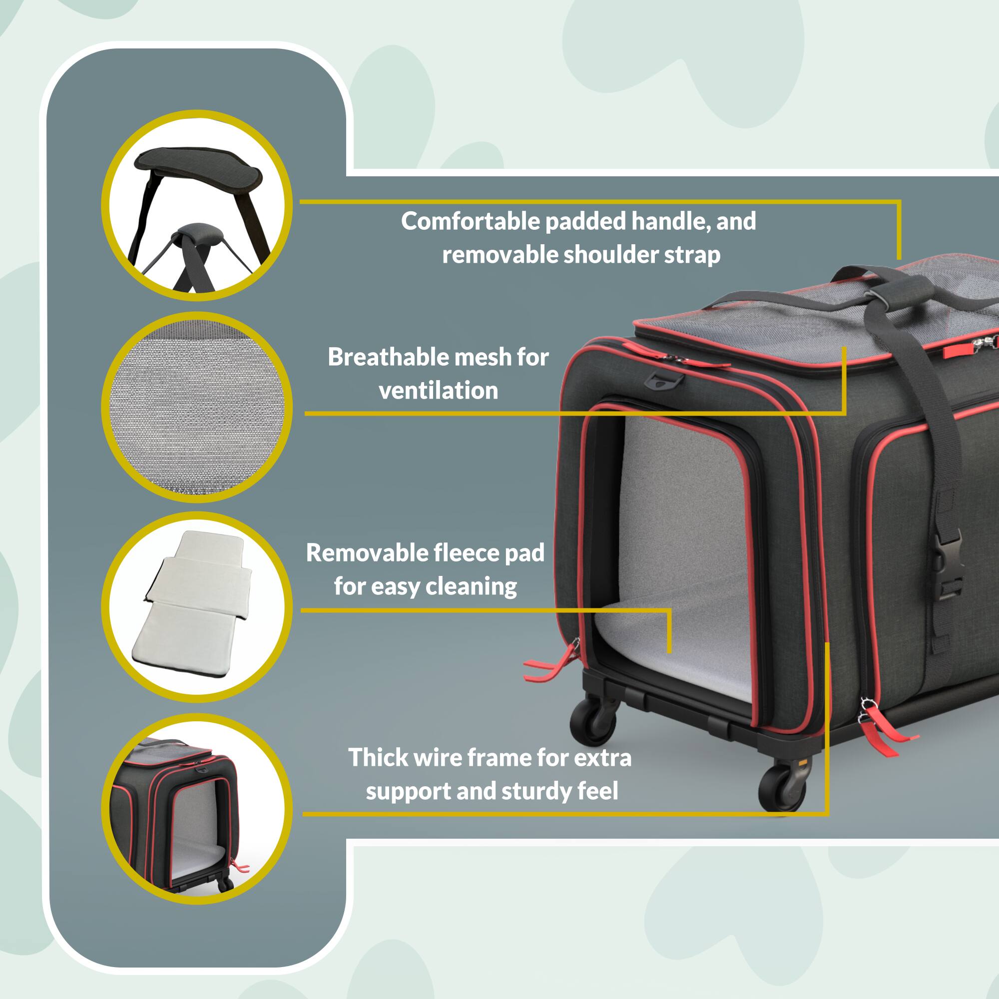 Comfortable padded handle, and removable shoulder strap  
Breathable mesh for ventilation  
Removable fleece pad for easy cleaning  
Thick wire frame for extra support and sturdy feel