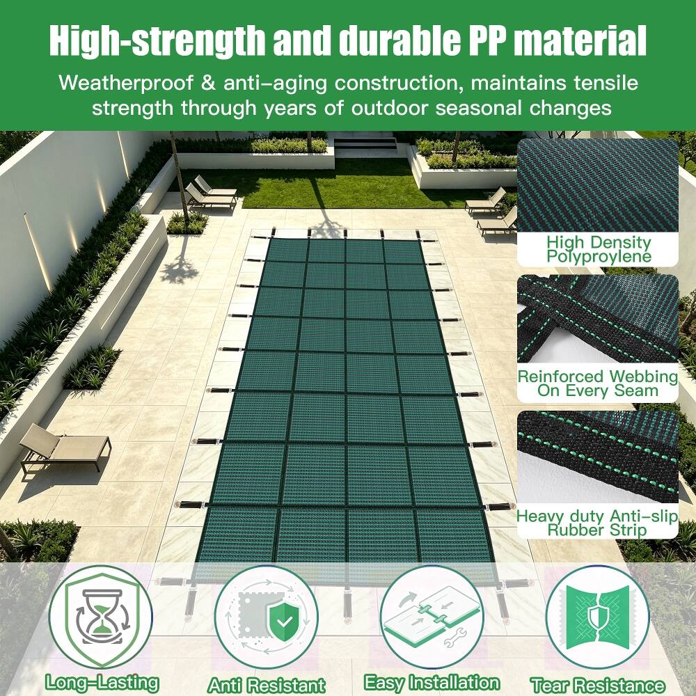 High-strength and durable PP material  
Weatherproof & anti-aging construction, maintains tensile strength through years of outdoor seasonal changes  

High Density Polyproylene  
Reinforced Webbing On Every Seam  
Heavy duty Anti-slip Rubber Strip  

Long-Lasting  
Anti Resistant  
Easy Installation  
Tear Resistance