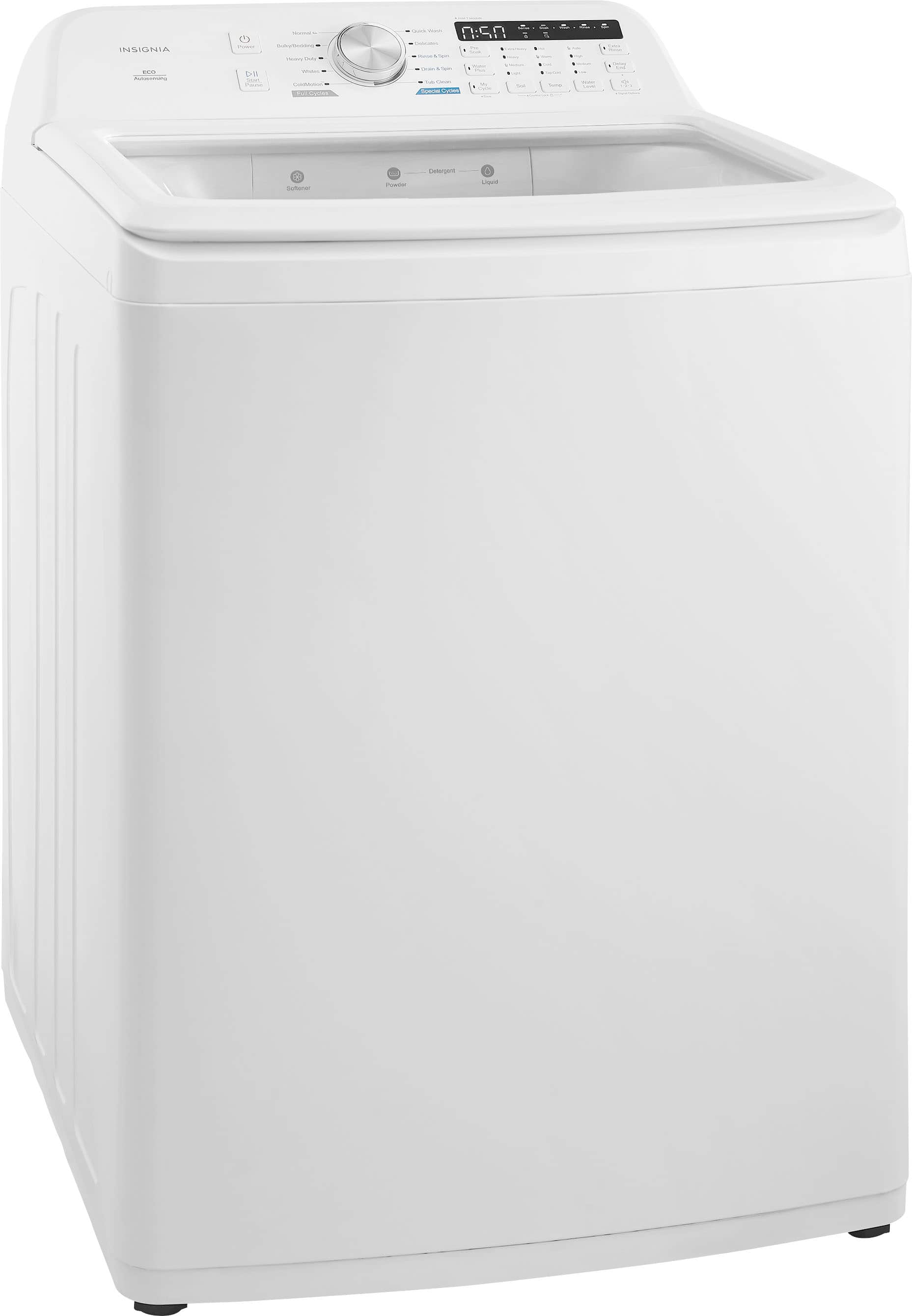 The image features a white Insignia washing machine with a dryer on top. The machine is placed on a white background, making it stand out. The washing machine and dryer combo is designed to save space and provide a convenient solution for laundry needs.