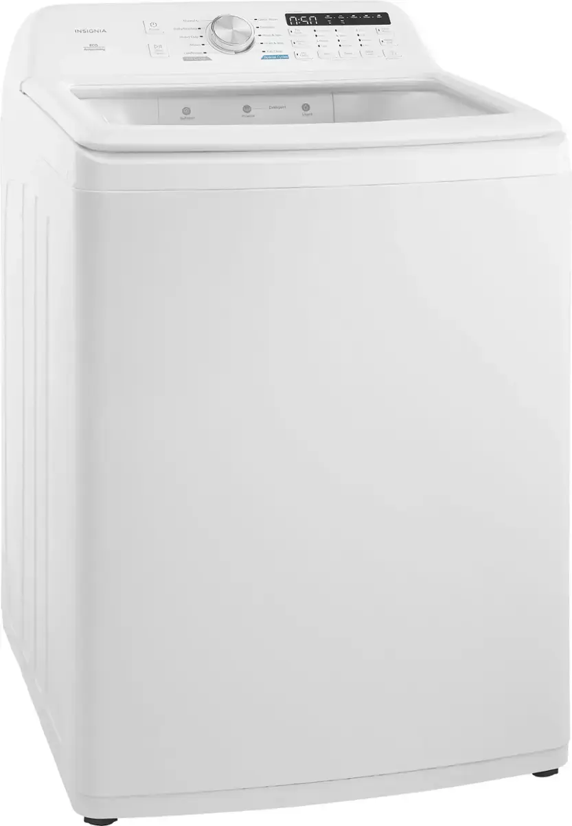 The image features a white Insignia washing machine with a dryer on top. The machine is placed on a white background, making it stand out. The washing machine and dryer combo is designed to save space and provide a convenient solution for laundry needs.