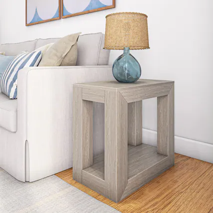Front. Plank+Beam - Modern Rectangular Side Table with Shelf (24in x 15in / 630mm x 375mm), Seashell Wirebrush - Seashell Wirebrush.