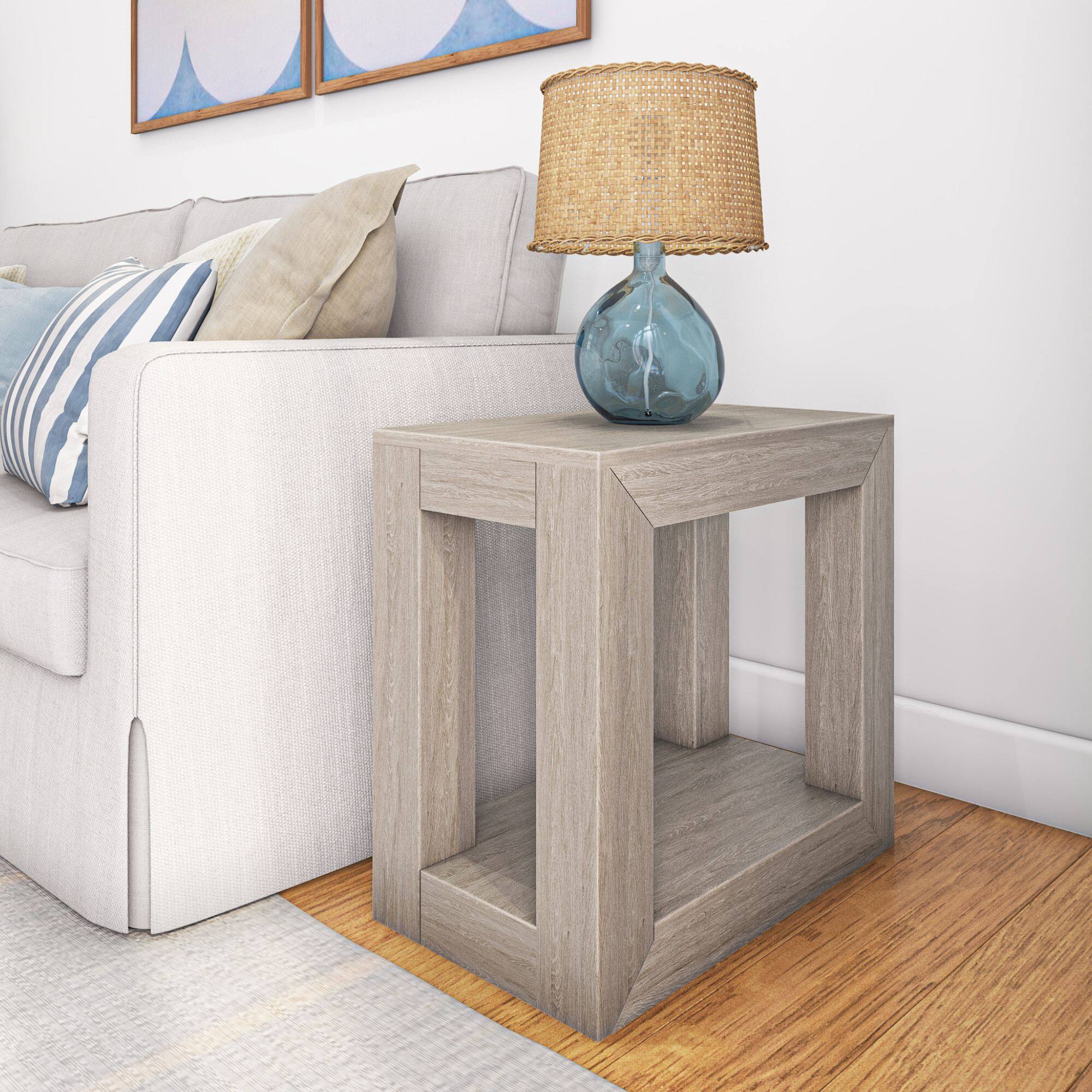 Plank+Beam - Modern Rectangular Side Table with Shelf (24in x 15in / 630mm x 375mm) - Seashell Wirebrush