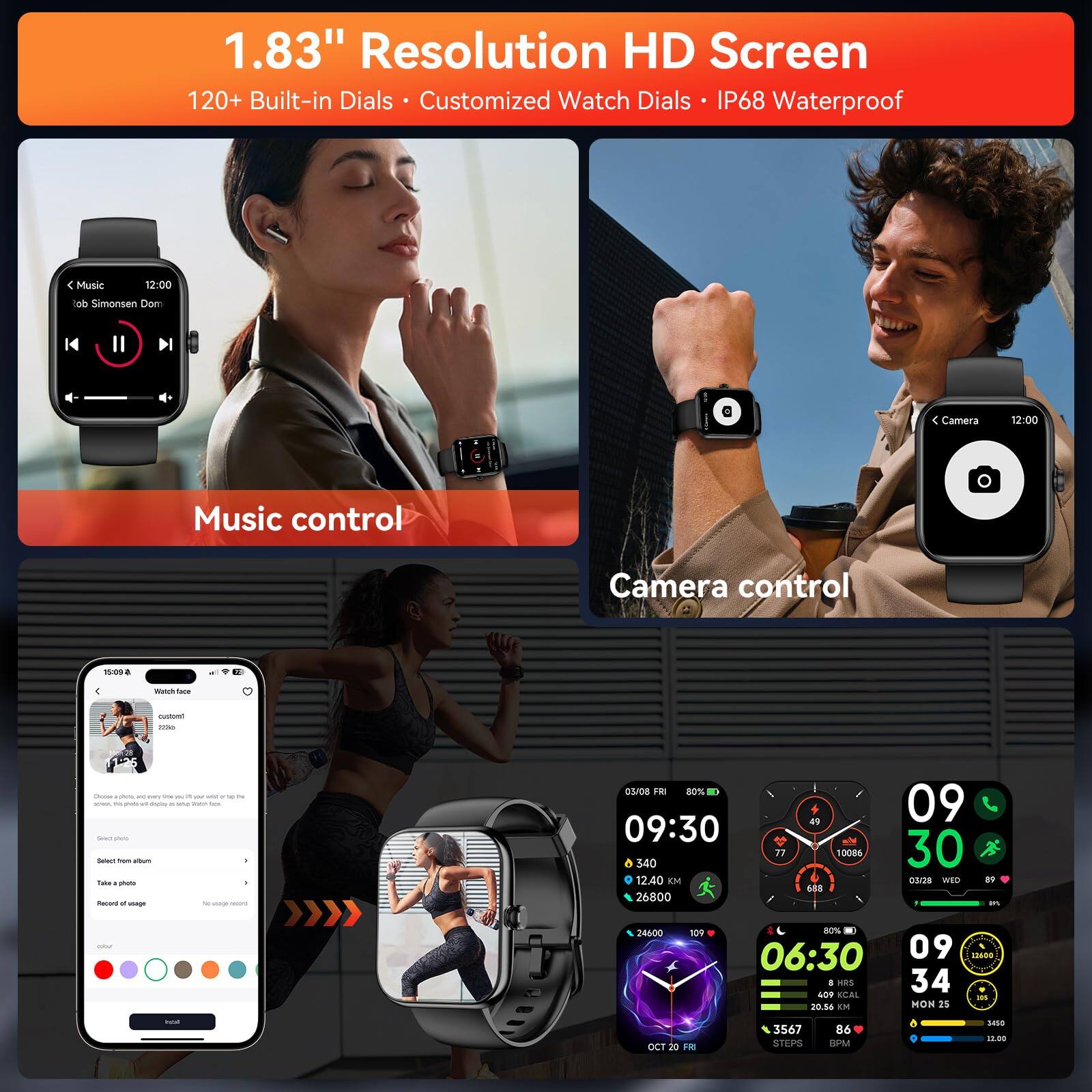 Alt View 2. GlowWise - Smart Watch with Alexa,1.83" HD Touchscreen,120+ Sport Modes, Heart Rate Monitor, IP68 Waterproof, for iPhone & Android. - Blank.