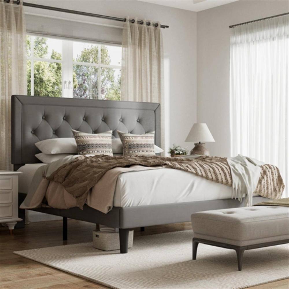Angle. Hivvago - Full size Grey Linen Upholstered Platform Bed Frame with Button-Tufted Headboard - Grey.
