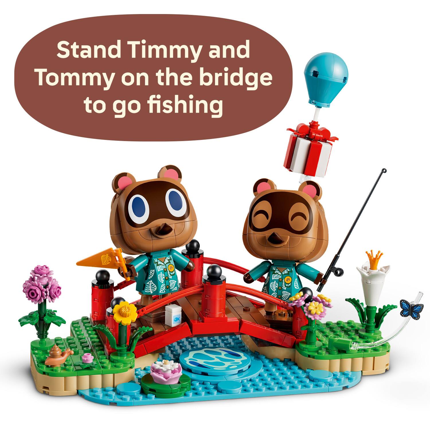 Stand Timmy and Tommy on the bridge to go fishing