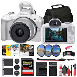 Canon - EOS R50 Mirrorless Camera with 18-45mm Lens + 64GB Card + Bag + More - White