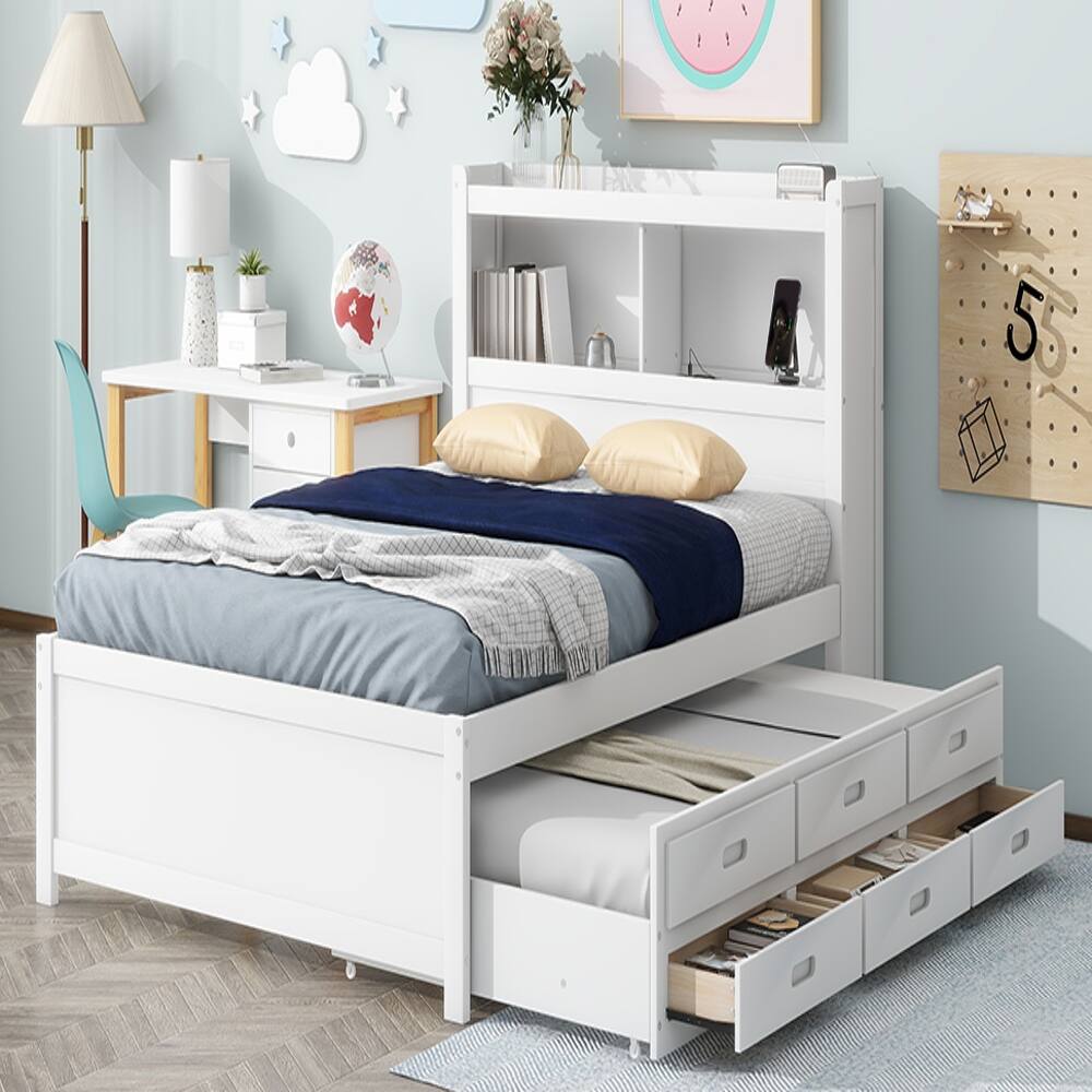 Alt View 1. Loheer - Loheer Full Size Platform Bed with Trundle, Storage Drawers and USB Ports, White Captains Bed with Bookcase Headboard - White.
