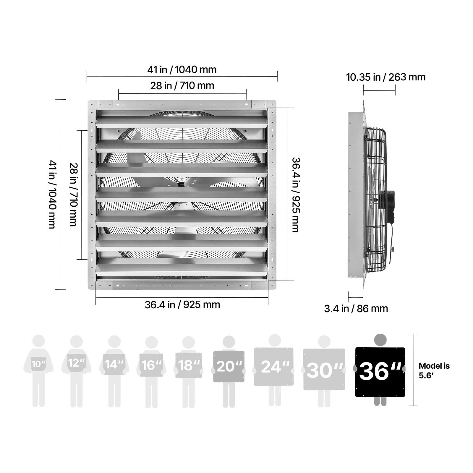 41 in/1040 mm  
28 in/710 mm  
10.35 in/263 mm  
36.4 in/925 mm  
3.4 in/86 mm  

10" 12" 14" 16" 18" 20" 24" 30" 36"  

Model is 5.6'