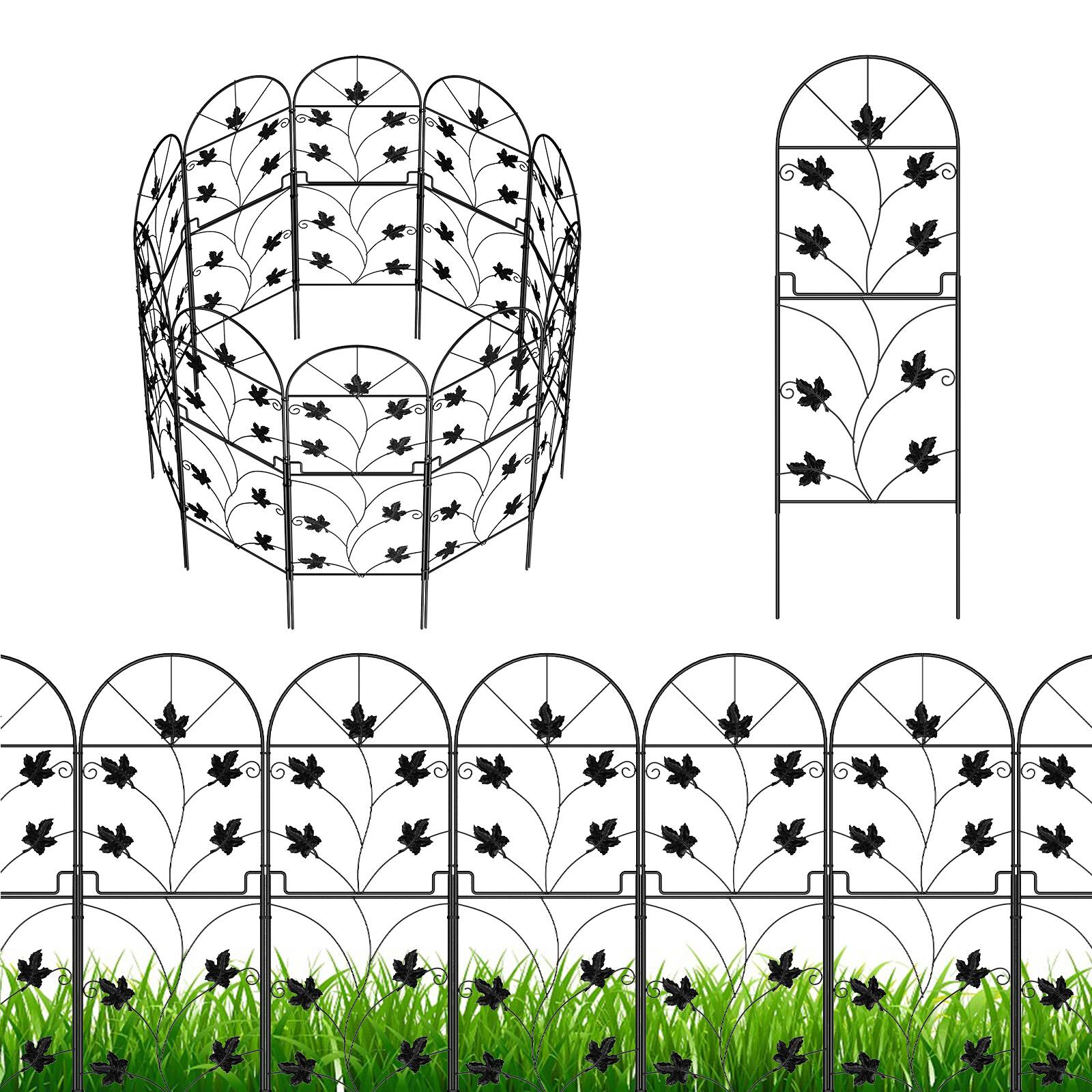 Front. Oumilen - 10-Pack Decorative Garden Fence Panels, 38in Tall Black Metal Leaf Scroll Border, 10ft Total Length Animal Barrier.