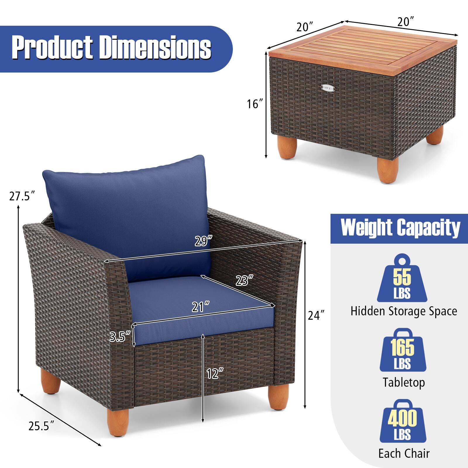 **Product Dimensions**

- Table: 20" x 20" x 16"
- Chair: 27.5" x 29" x 24"
- Seat Depth: 21"
- Arm Height: 23"
- Seat Height: 12"
- Overall Height: 29"
- Tabletop: 25.5"

**Weight Capacity**

- Hidden Storage Space: 55 LBS
- Tabletop: 400 LBS
- Each Chair: 165 LBS