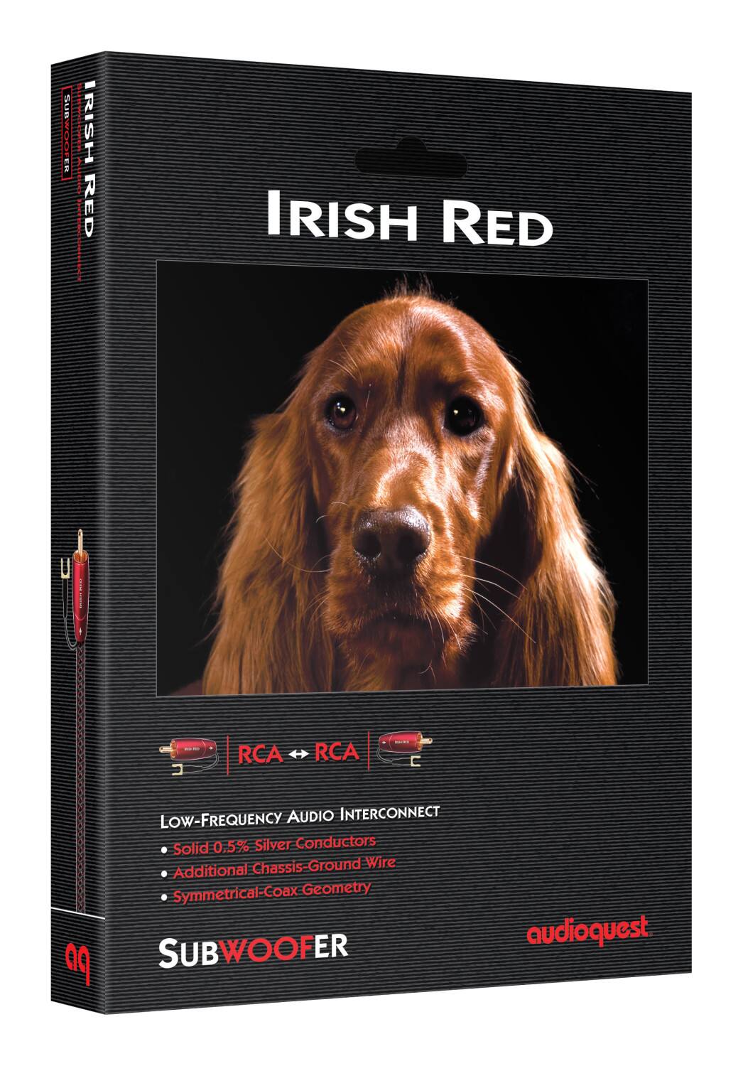 The text on the image is: "Irish Red Subwoofer - RCA 4 RCA - Low-Frequency Audio Interconnect - Solid 0.5% Silver Conductors - Chassis-Ground Wire - Additional Symmetrical-Coax Geometry - 99% Subwoofer audioquest."