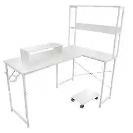Comhoma - 53 IN Reversible L-Shaped Office Desk with LED Lights, Power Outlets Executive Desk with Hooks and Cup Holder - White