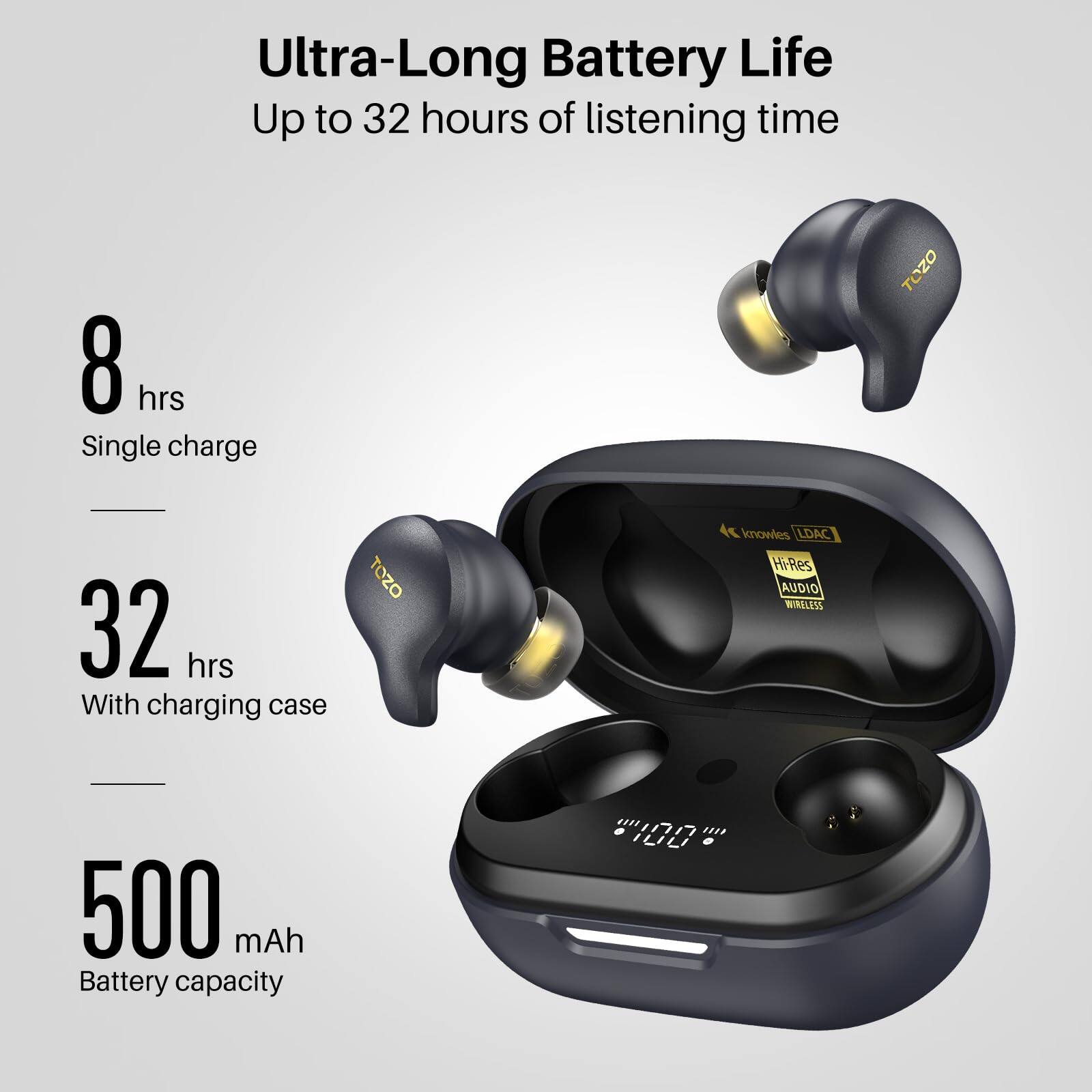 Ultra-Long Battery Life
Up to 32 hours of listening time
8 hrs Single charge
32 hrs With charging case
500 mAh Battery capacity
TOZO
knowles LDAC
HiRes AUDIO WIRELESS