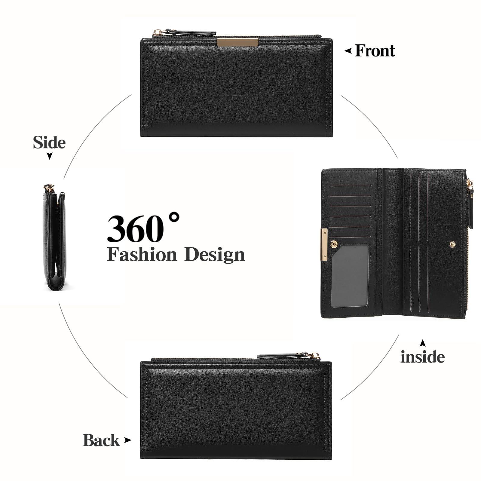 Alt View 1. Jadie Link - Slim Women Wallet Bifold Ladies Long Purse Travel Credit Card Holder Zipper Pocket Premium Vegan Leather Made - A01 Black.