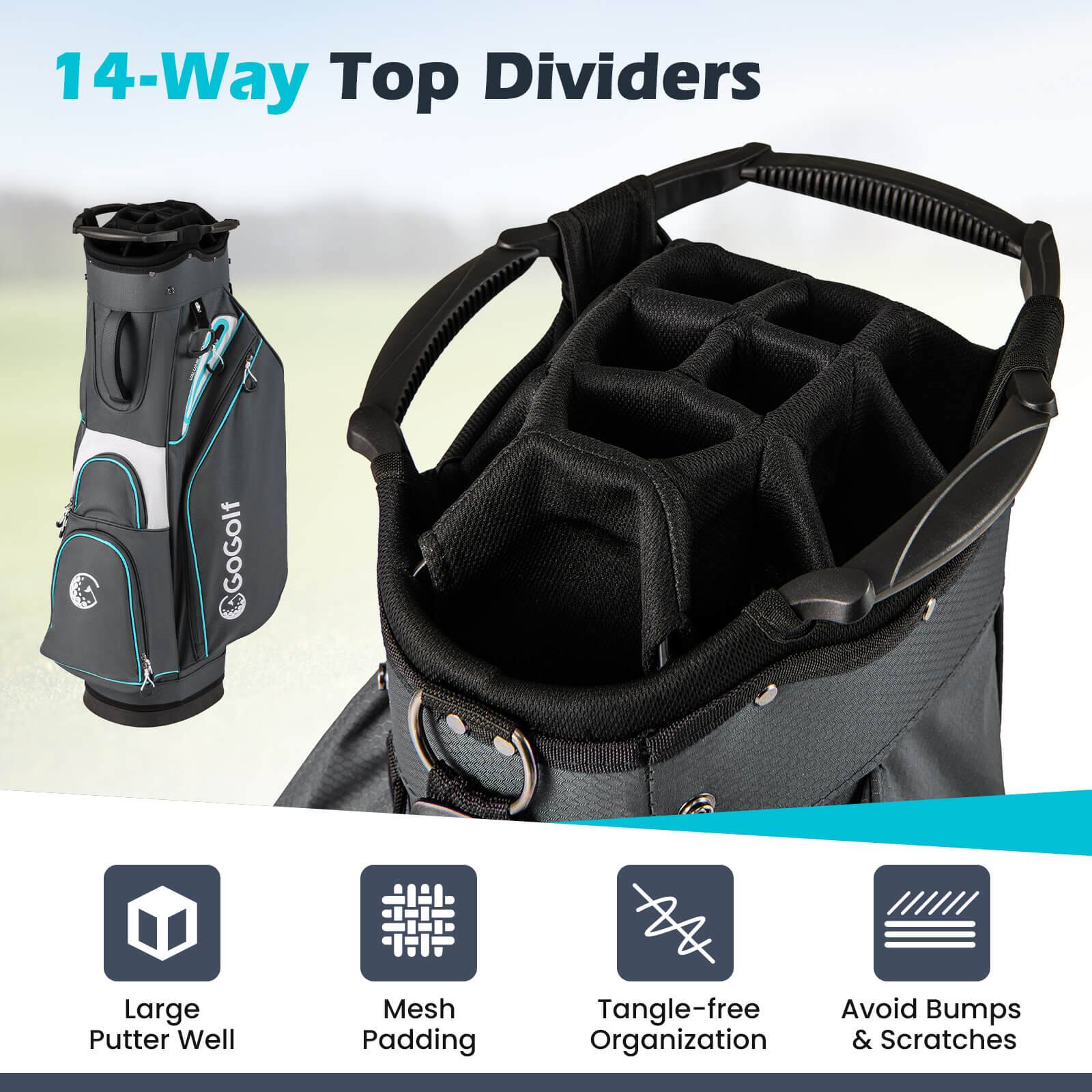 14-Way Top Dividers

- Large Putter Well
- Mesh Padding
- Tangle-free Organization
- Avoid Bumps & Scratches