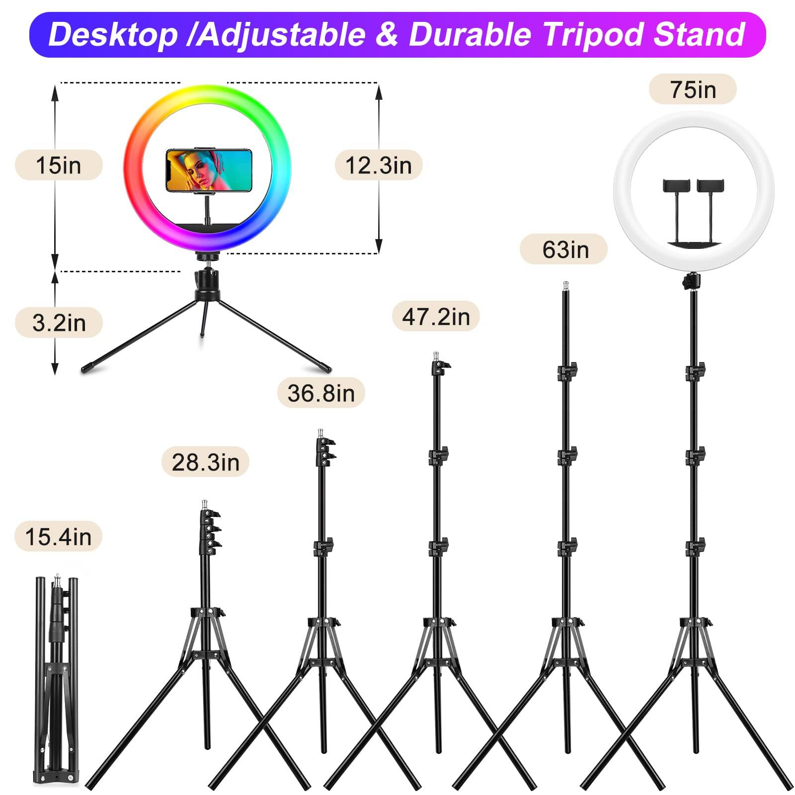 Desktop / Adjustable & Durable Tripod Stand

- 75in
- 63in
- 47.2in
- 36.8in
- 28.3in
- 15.4in
- 15in
- 12.3in
- 3.2in