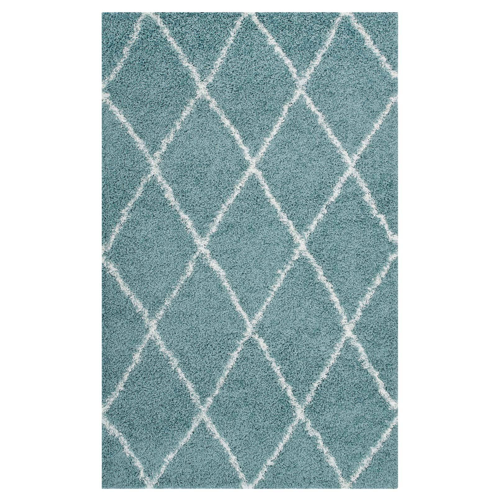 Angle. Modway - Toryn Diamond Lattice Shag Area Rug - Aqua Blue and Ivory.