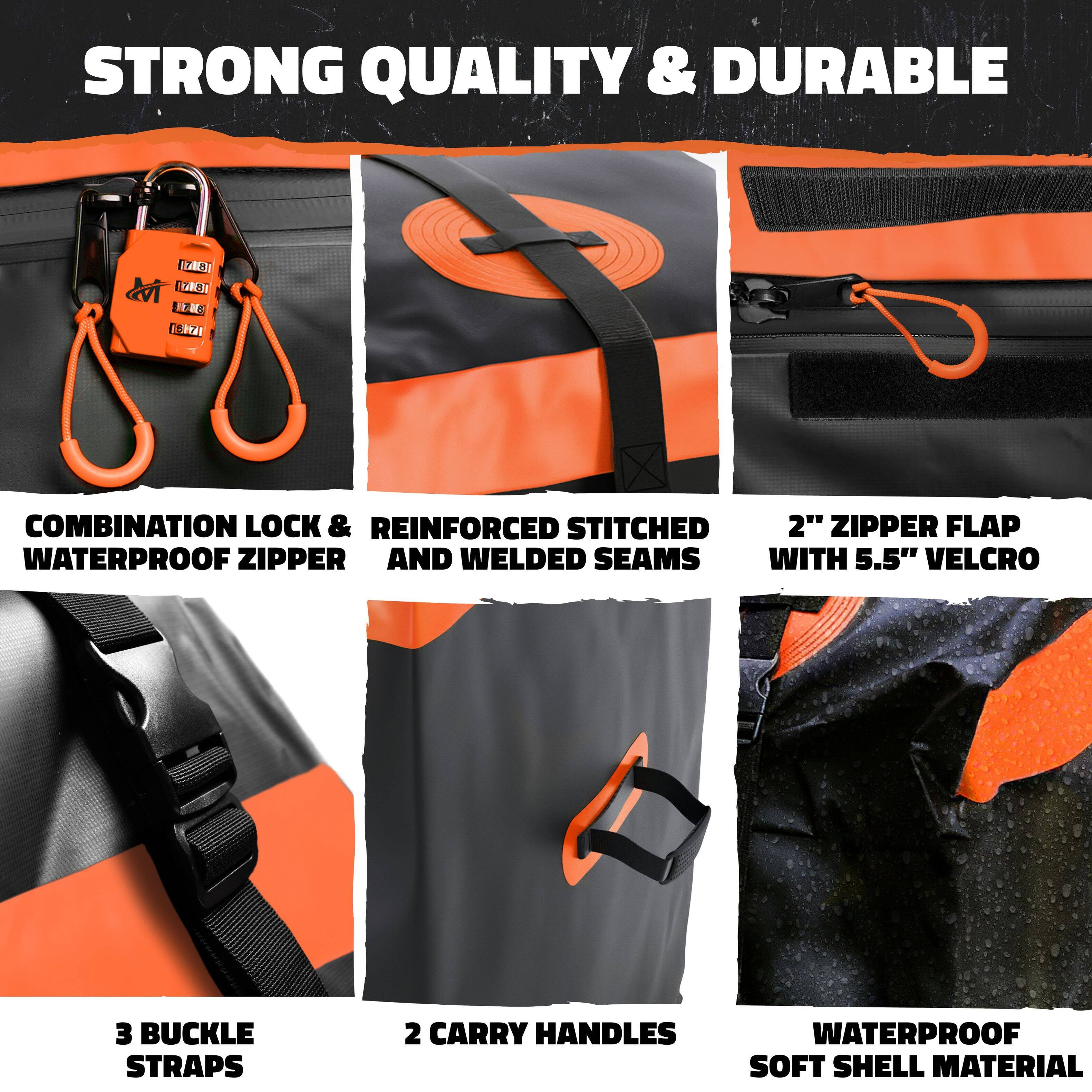 STRONG QUALITY & DURABLE

COMBINATION LOCK & WATERPROOF ZIPPER

REINFORCED STITCHED AND WELDED SEAMS

2" ZIPPER FLAP WITH 5.5" VELCRO

3 BUCKLE STRAPS

2 CARRY HANDLES

WATERPROOF SOFT SHELL MATERIAL