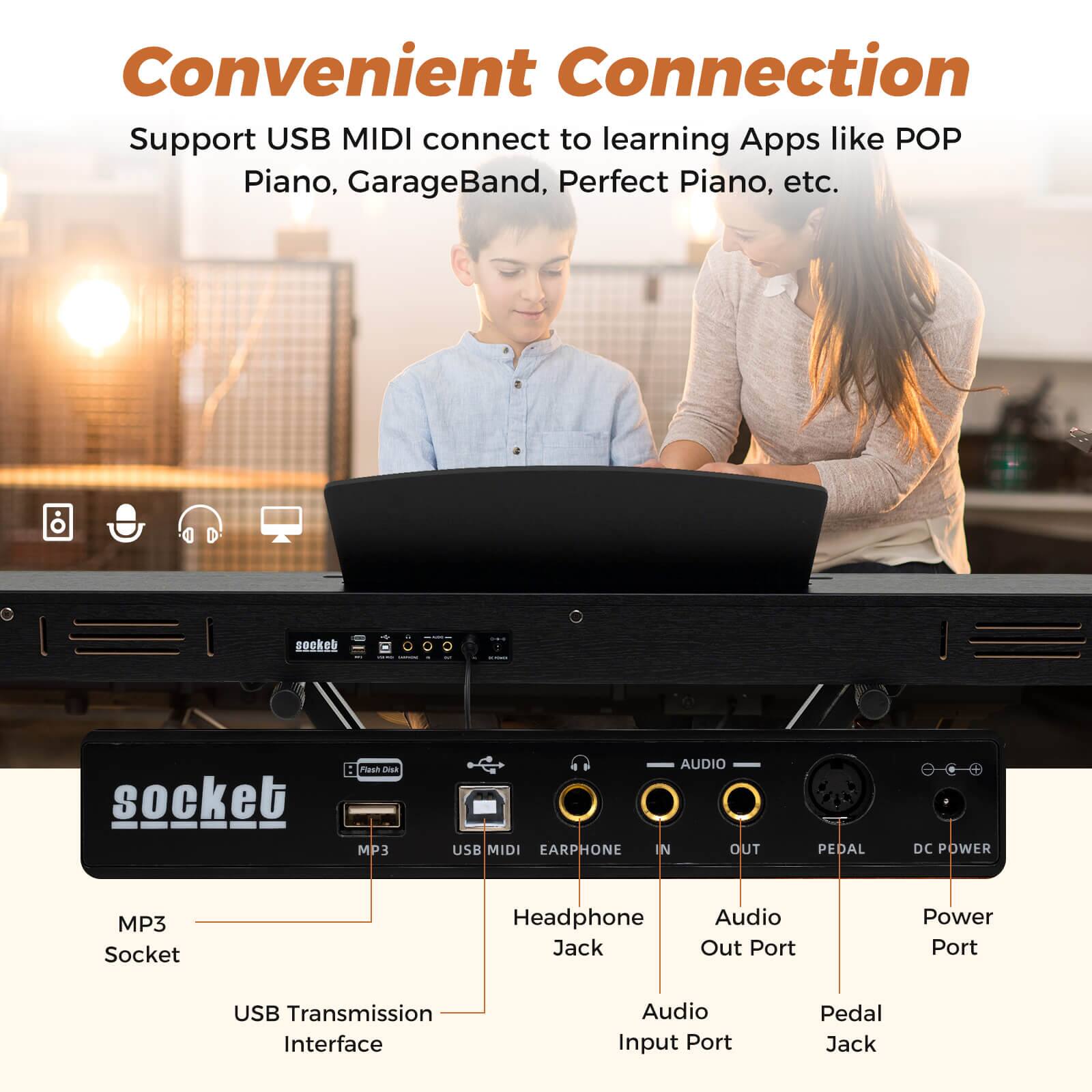 Convenient Connection

Support USB MIDI connect to learning Apps like POP Piano, GarageBand, Perfect Piano, etc.

- MP3 Socket
- USB Transmission Interface
- Headphone Jack
- Audio Input Port
- Audio Out Port
- Pedal Jack
- Power Port