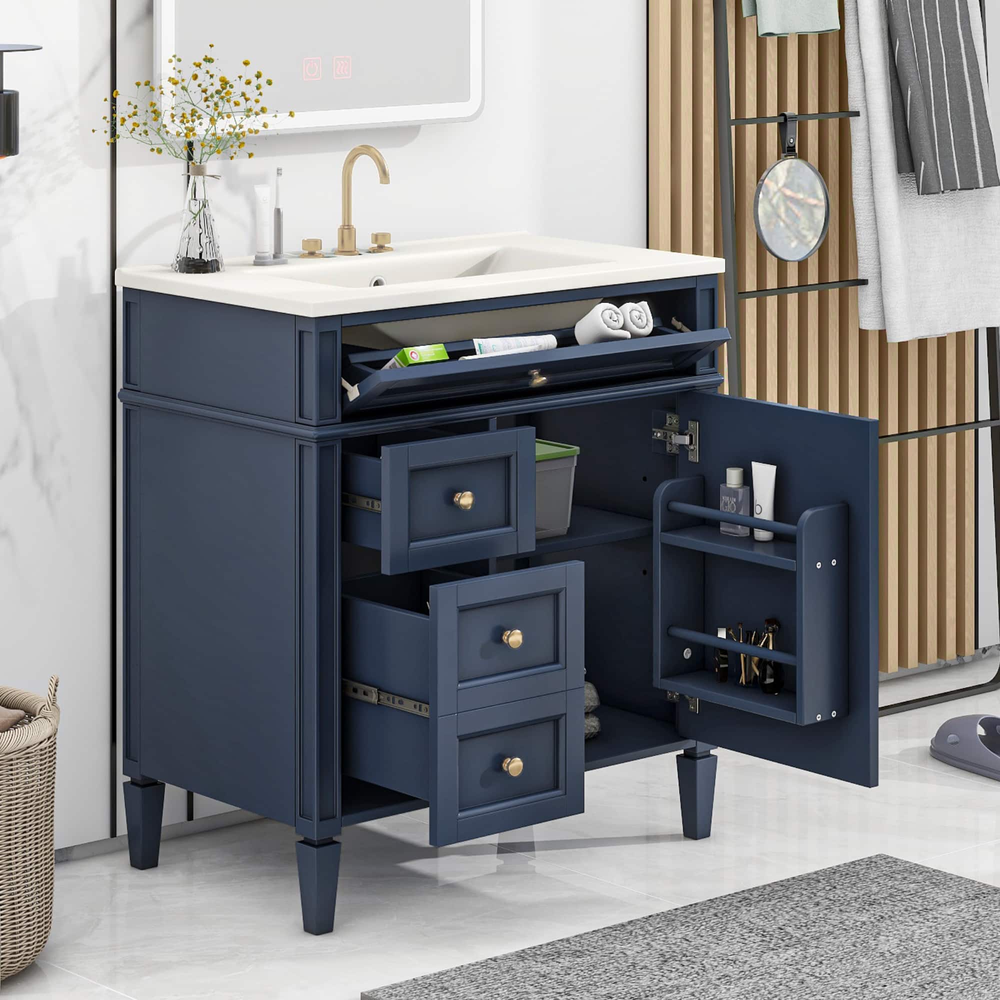 Tiramisubest - 30" Bathroom Vanity with Top Sink, Modern Bathroom Storage Cabinet with 2 Drawers and a Tip-out Drawer - Blue