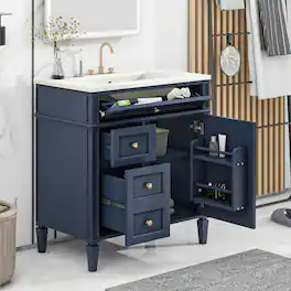 Tiramisubest - 30" Bathroom Vanity with Top Sink, Modern Bathroom Storage Cabinet with 2 Drawers and a Tip-out Drawer - Blue