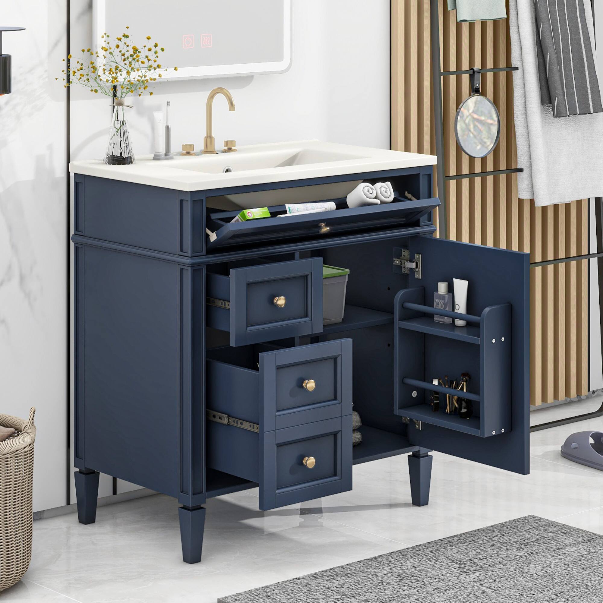 Alt View 1. Glintex - 30'' Bathroom Vanity with Top Sink, 2 Drawers and a Tip-out Drawer, Single Sink Bathroom Vanity - Blue.