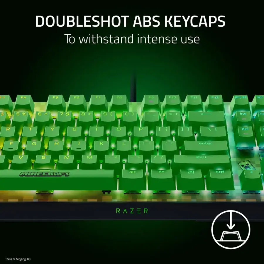 DOUBLESHOT ABS KEYCAPS To withstand intense use F3 FA F5 F6 F7 FB E9 F10 F11 F12 or SC Scr $ 5 % 6 > 7 & 8 8 4 9 I O . | = + ins 1 DI R T Y U I O P [ { I } I del -- I  G H J K L : . .. enter - V B N M V ? shift MINECRAFT alt fn ctrl RAZER TM & C Mojang AB.