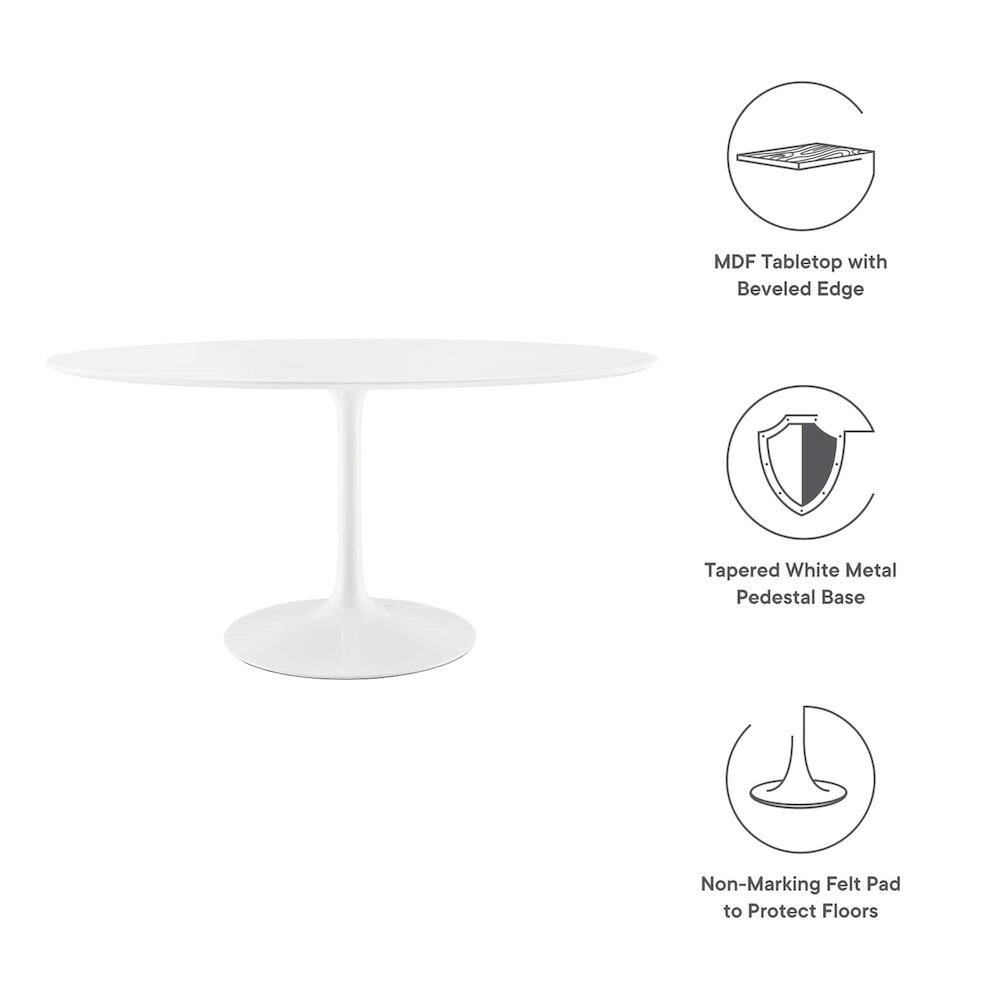 MDF Tabletop with Beveled Edge  
Tapered White Metal Pedestal Base  
Non-Marking Felt Pad to Protect Floors