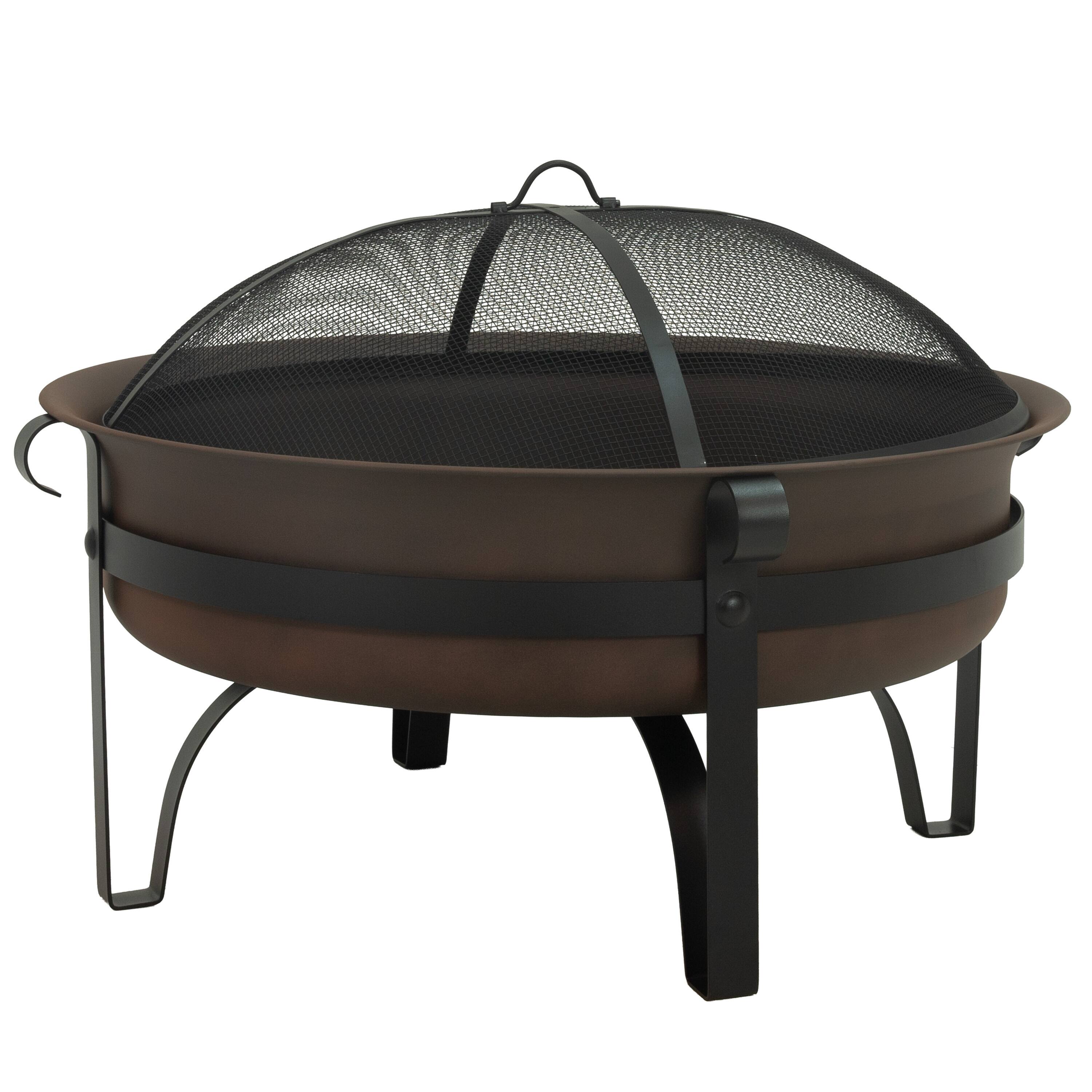Sunnydaze - 34 in Cauldron Style Steel Fire Pit with Spark Screen - Dark Bronze